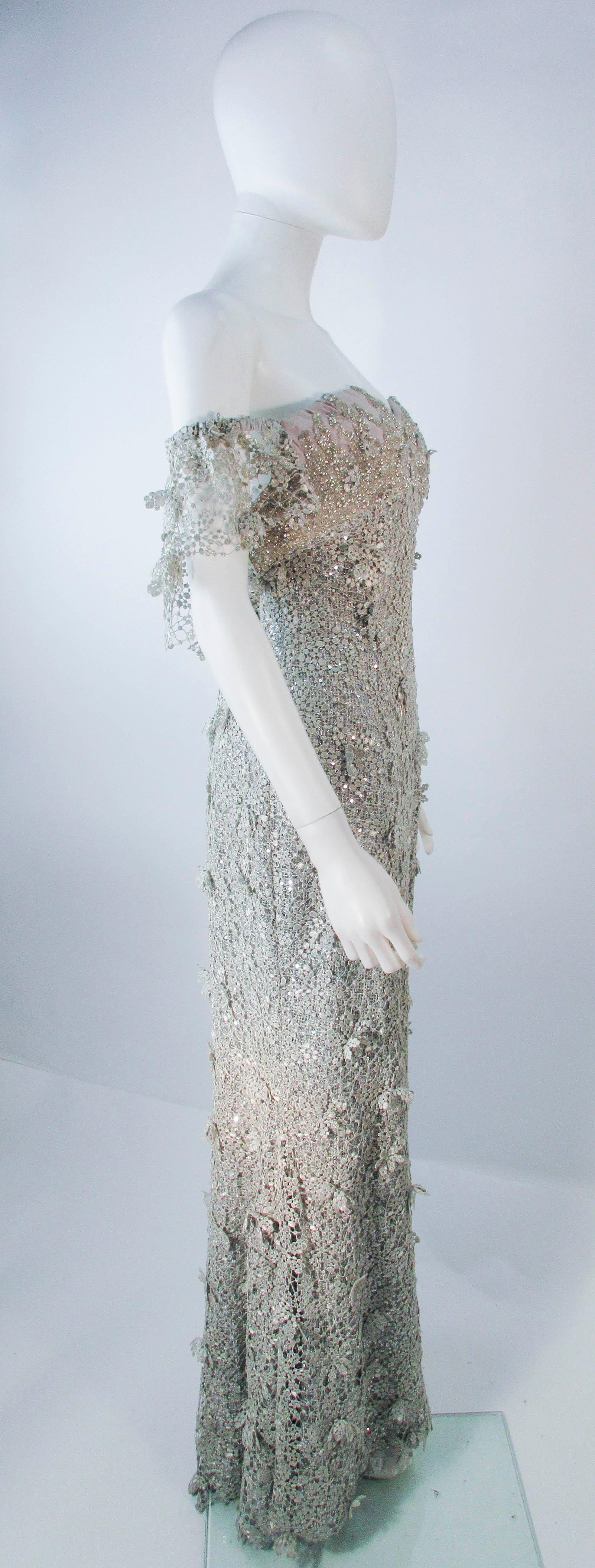 TONY WARD Silver Metallic Lace Gown Size 2 4  3