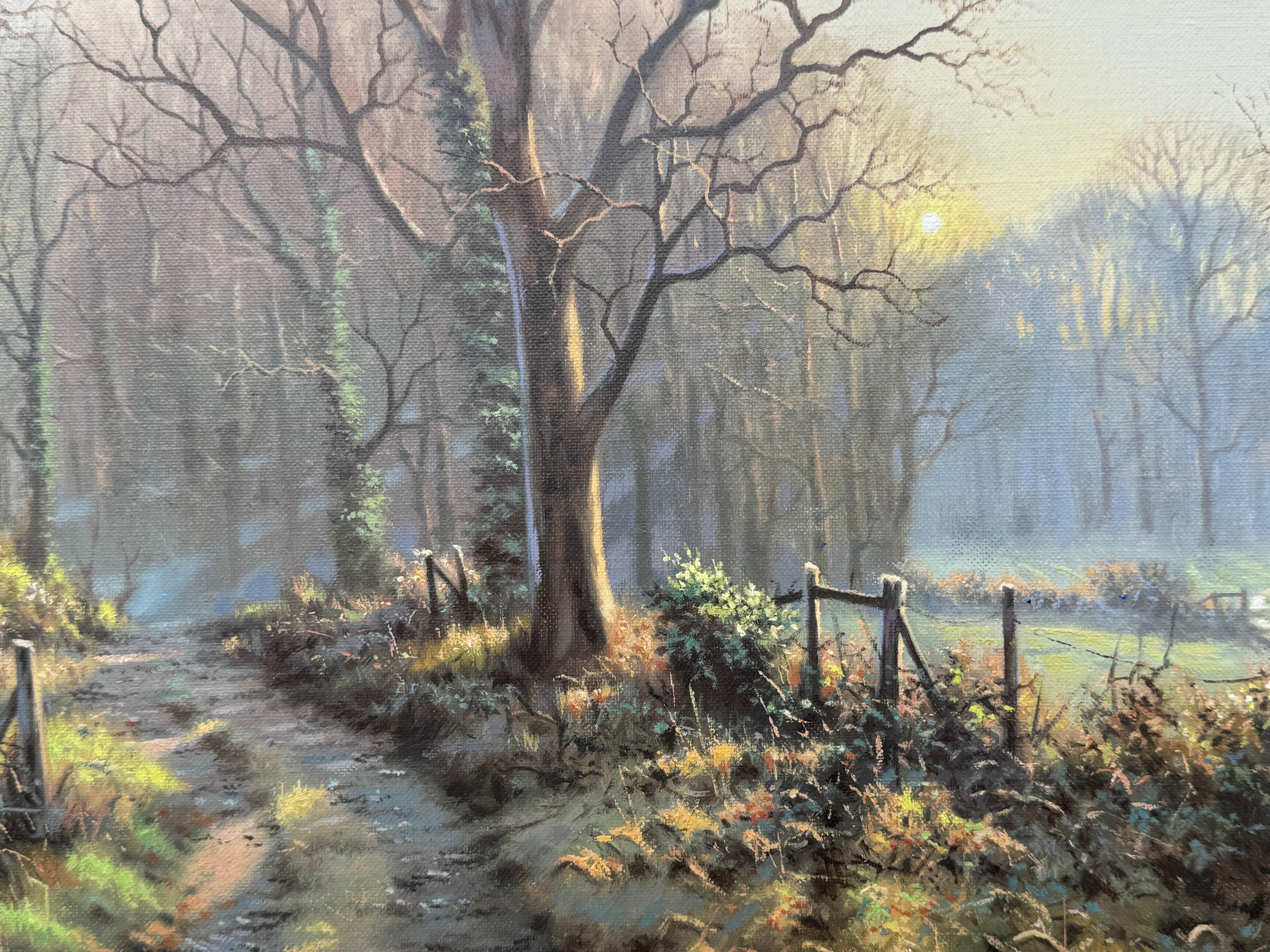Lane's in inverno con il sole invernale attraverso gli alberi di un artista britannico in vendita 6