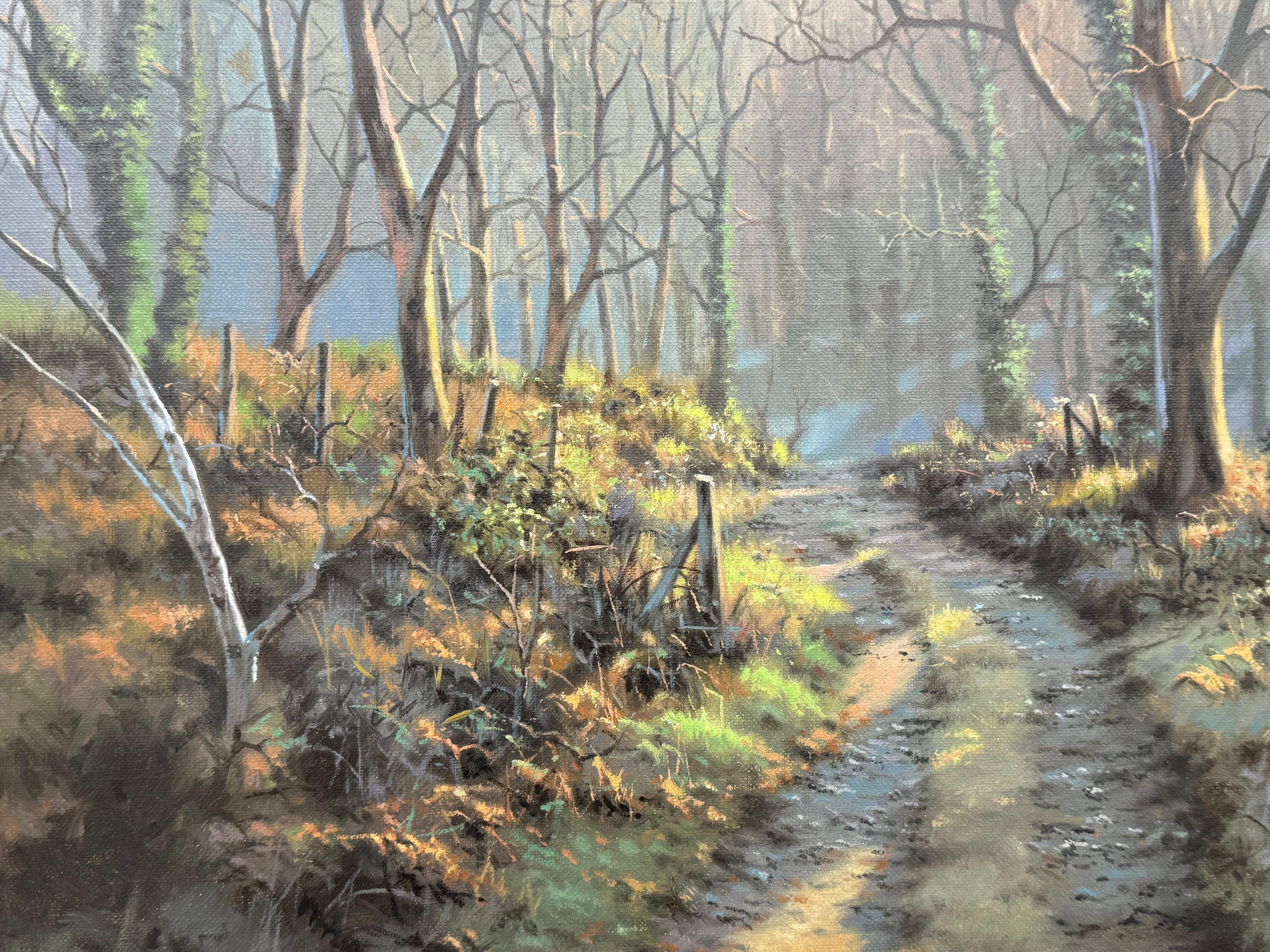 Lane's in inverno con il sole invernale attraverso gli alberi di un artista britannico in vendita 7
