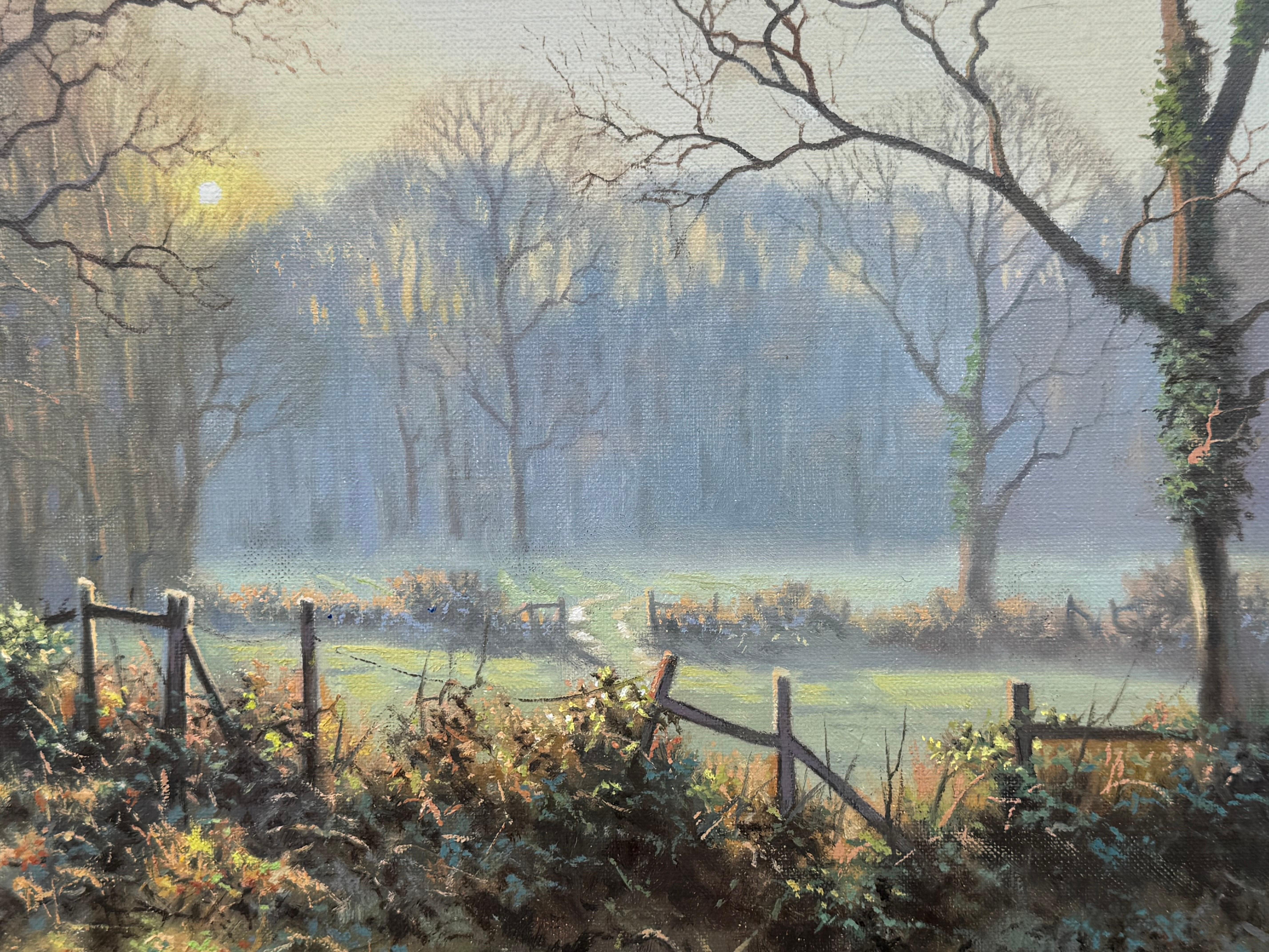 Lane's in inverno con il sole invernale attraverso gli alberi di un artista britannico in vendita 8