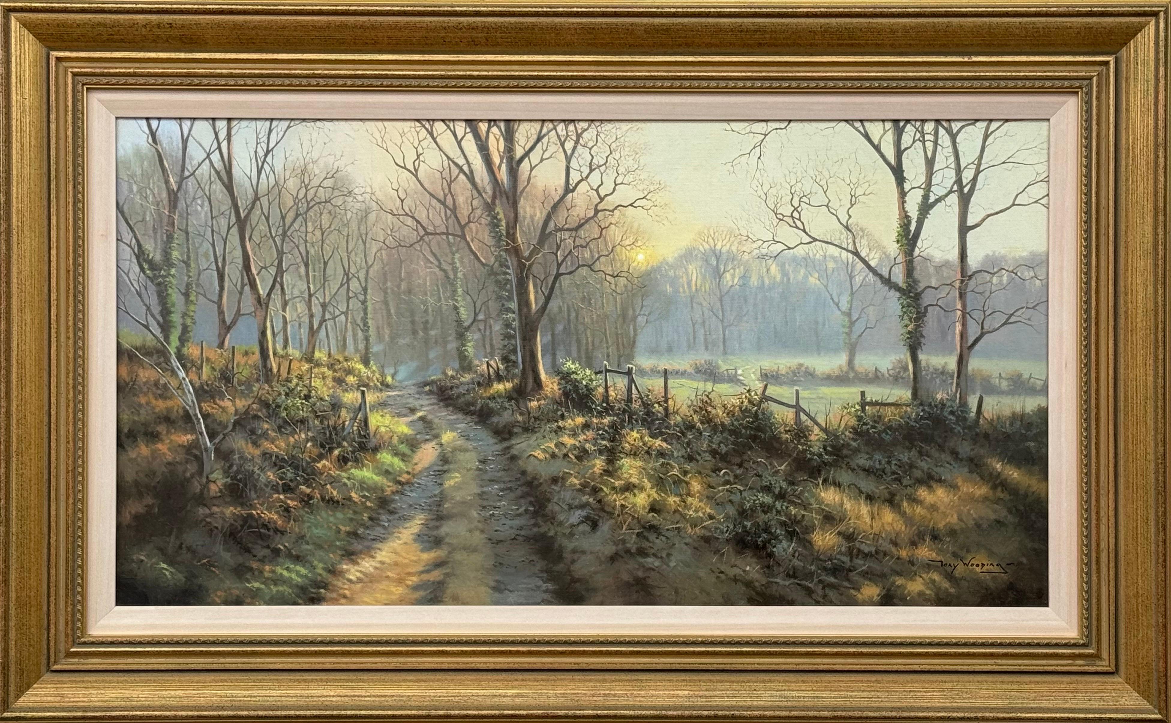 Figurative Painting di Tony Wooding - Lane's in inverno con il sole invernale attraverso gli alberi di un artista britannico