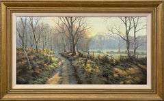 Country Lane in Winterzeit mit Wintersonne durch die Bäume des britischen Künstlers