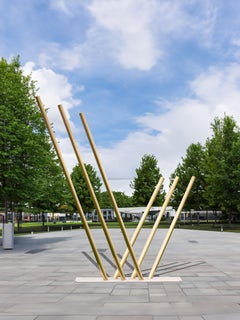 Earthshine - large, tall, dynamic, polished brass and steel outdoor sculpture