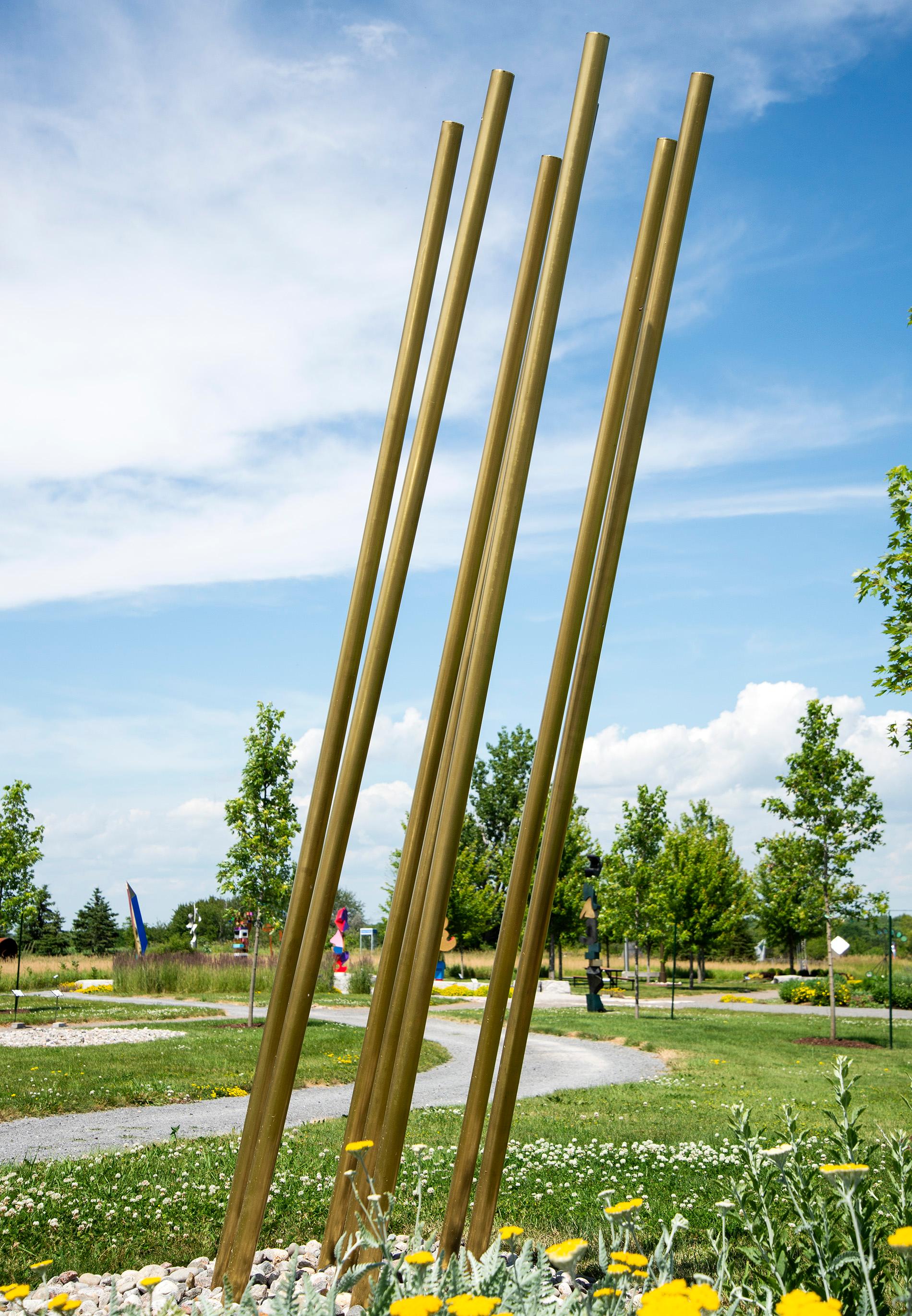 Hotspot - large, tall, dynamic, polished, brass coated, steel outdoor sculpture - Sculpture by Tonya Hart