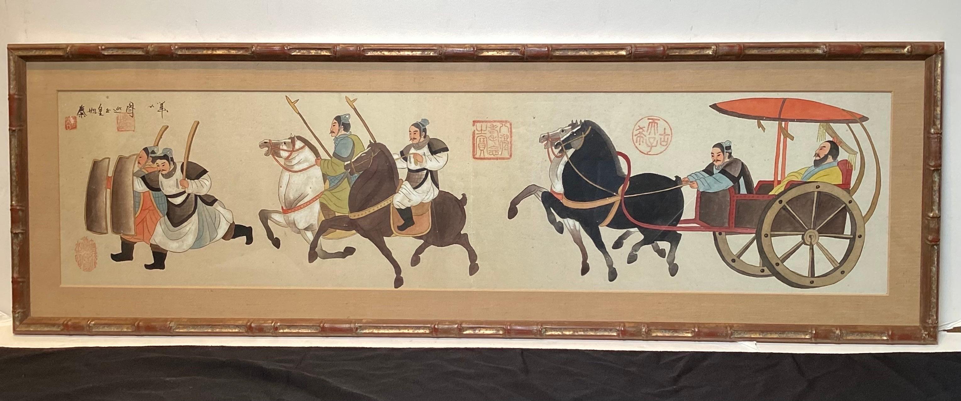 2 Magnificent water colors of emperor Qin Shi Huang of the Qin Dynasty surveying his kingdom. The watercolors were done in the 19th Century with later carved faux bamboo frames with an aged gilt finish. The paintings depicting Qin Shi Huang riding