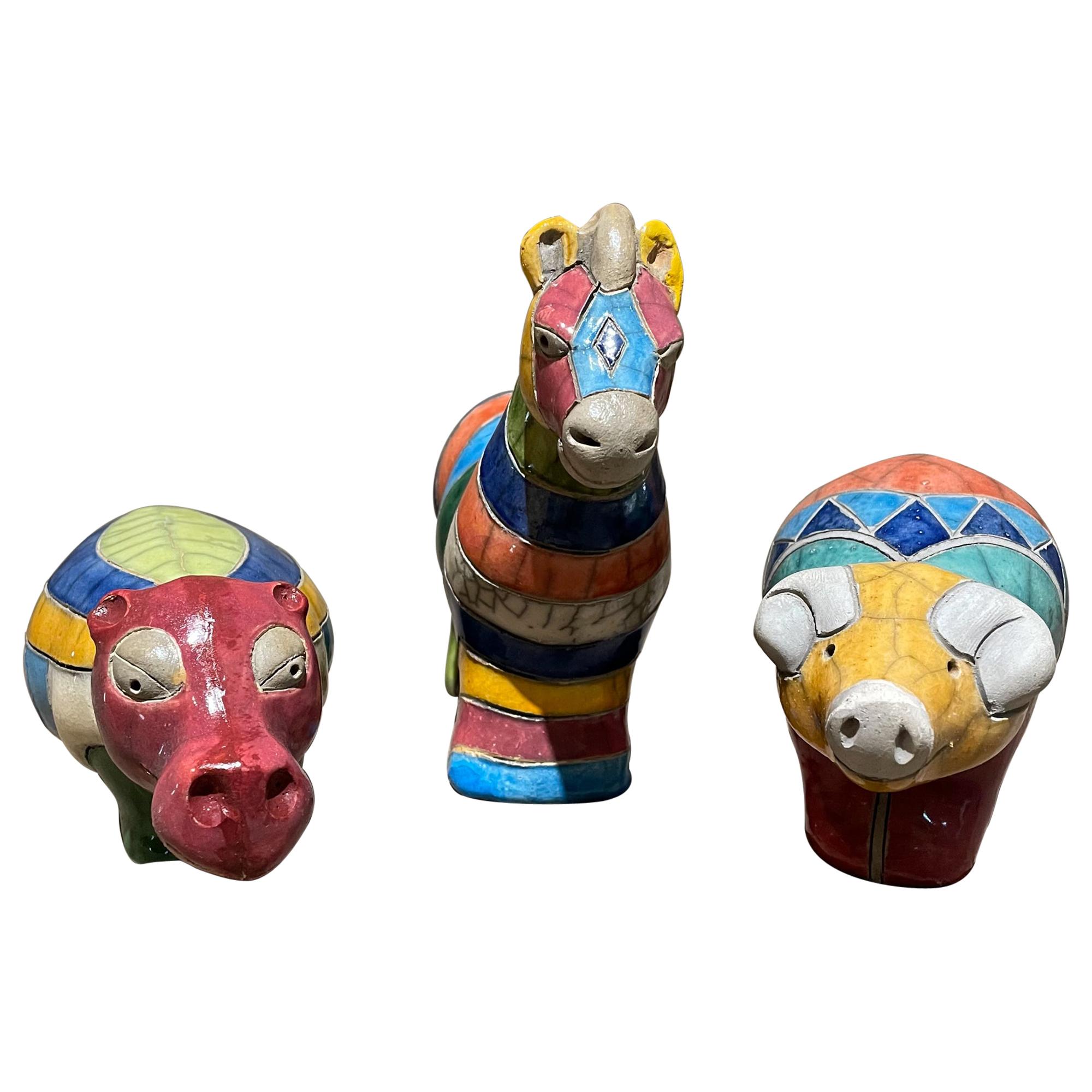 1970s Too Cute Colorful Ceramic Pottery Animals Hippo Pig Horse 