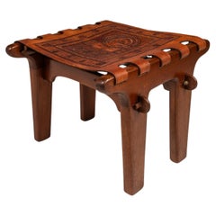 Tooled Embossed Leather Sling Ottoman / Footstool, Angel Pazmino, Ecuador, 1960s