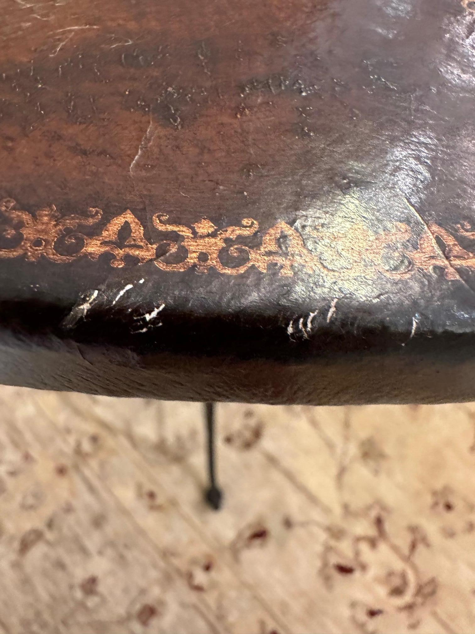 Tooled Leather and Iron Round Side Table In Good Condition For Sale In Hopewell, NJ