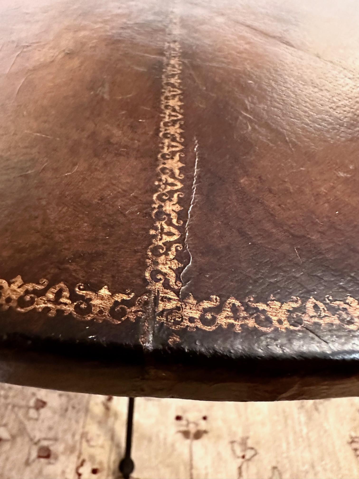 Late 20th Century Tooled Leather and Iron Round Side Table For Sale