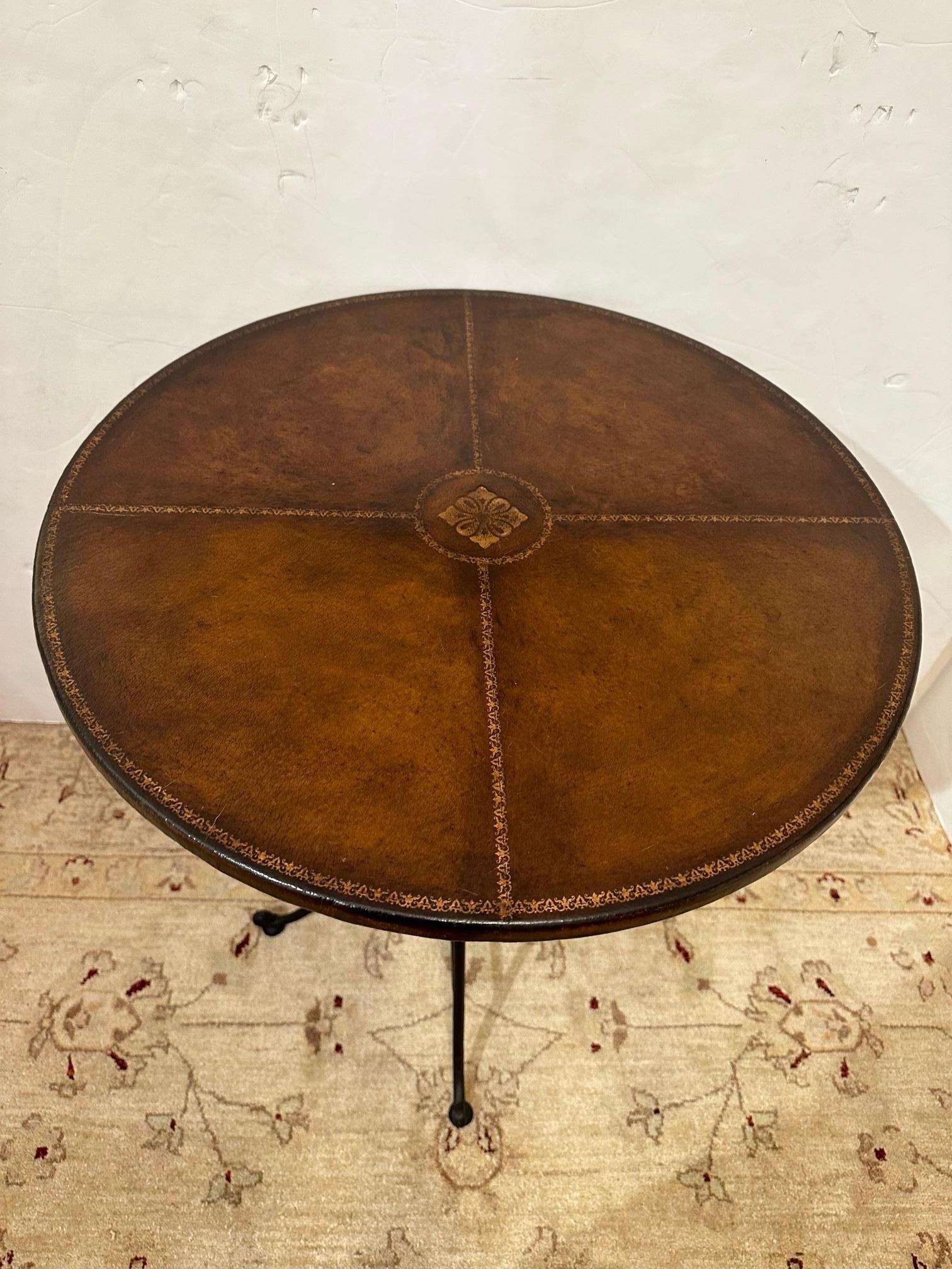Tooled Leather and Iron Round Side Table 1