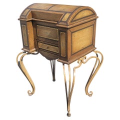 Tooled Leather and Wrought Iron Sewing Table Storage Cabinet