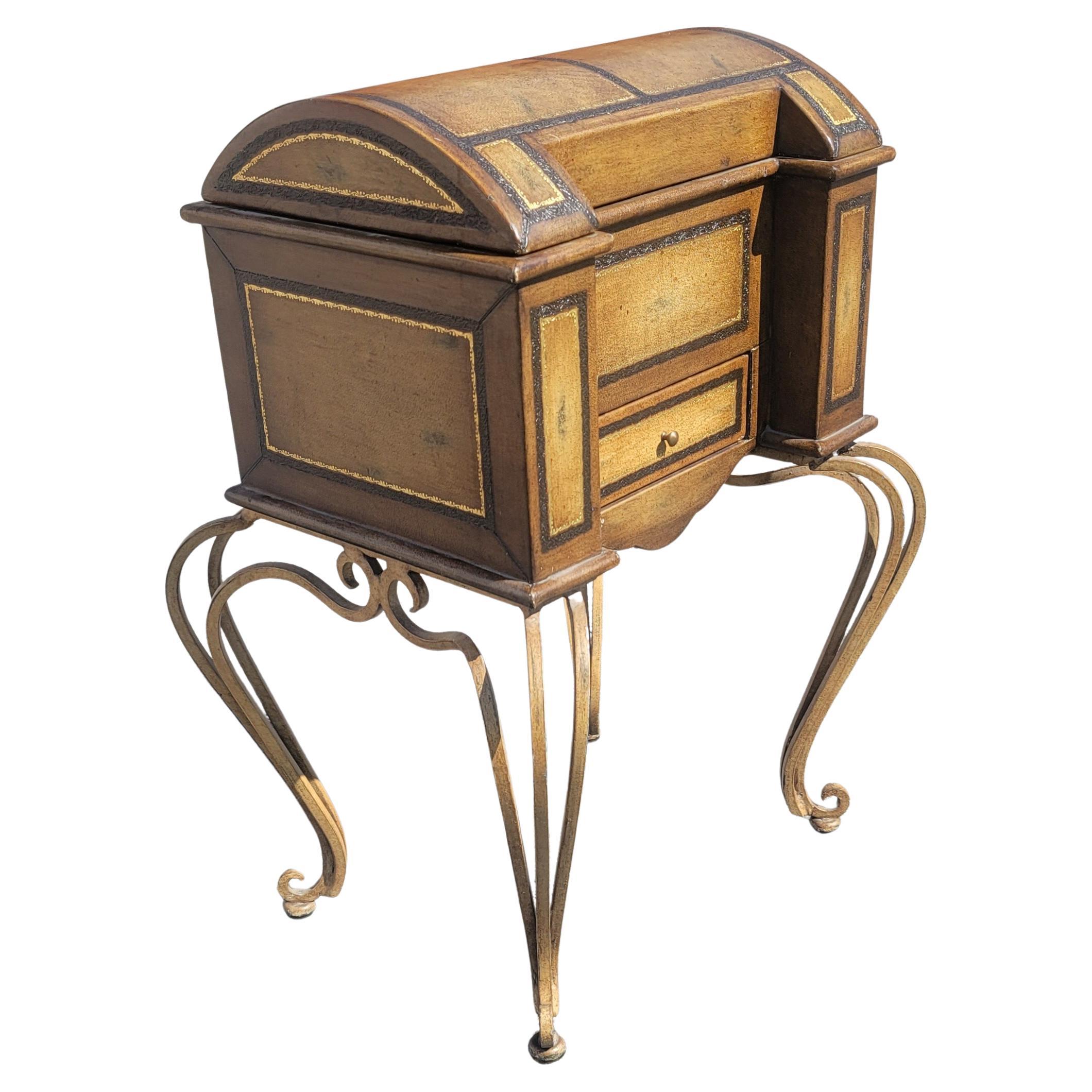 Other Tooled Leather and Wrought Iron Sewing Table Storage Cabinet For Sale