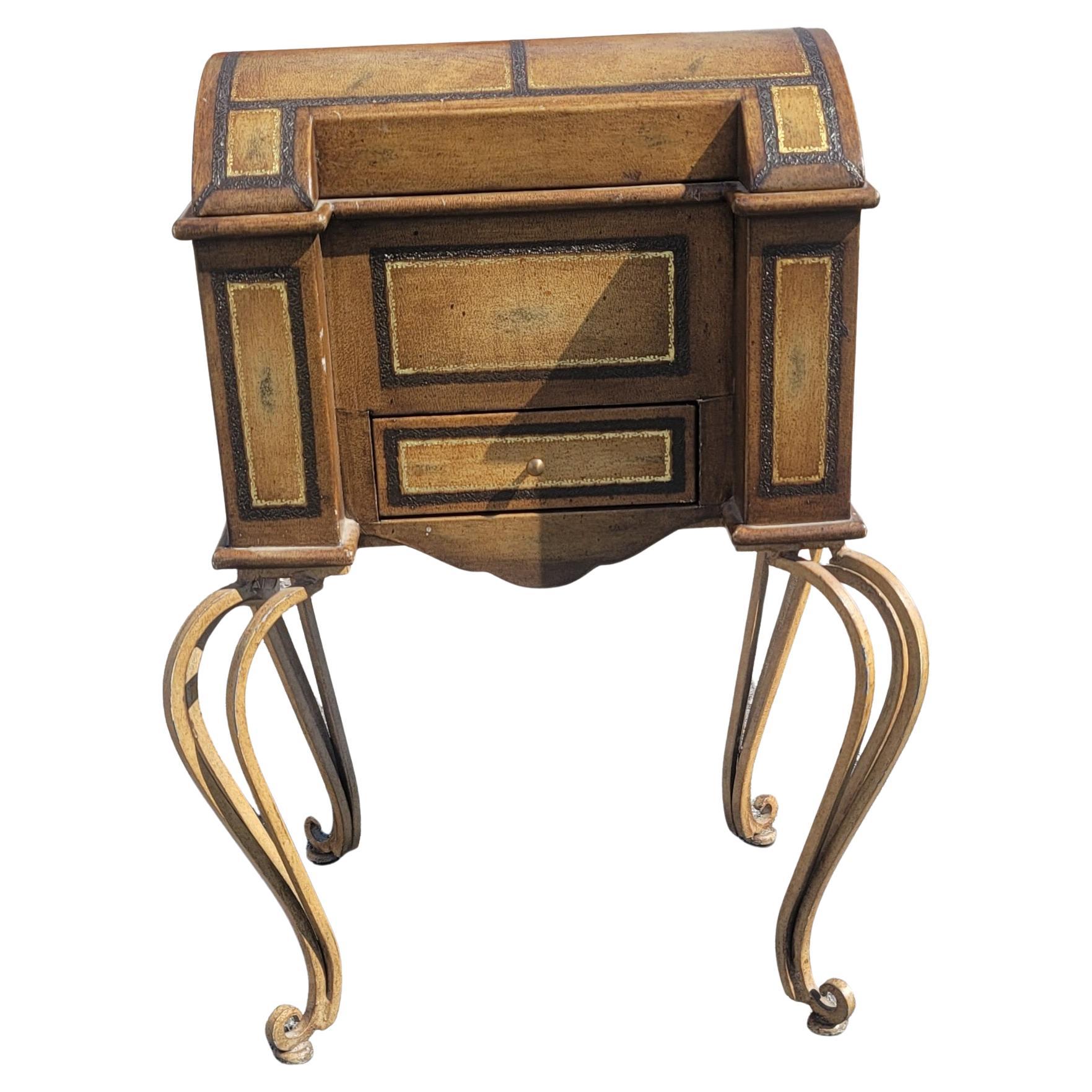 Tooled Leather and Wrought Iron Sewing Table Storage Cabinet For Sale