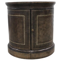 Tooled Leather Drum Side Table w/ Cabinet 'Marbleized Paper Interior'