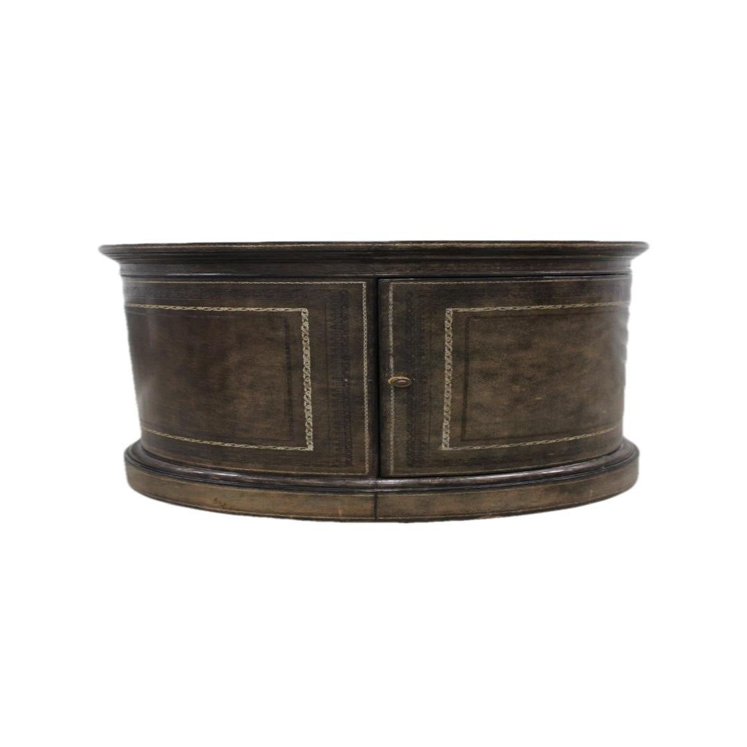 20th Century Tooled Leather Drum Side Table w/ Cabinet 'Marbleized Paper Interior'