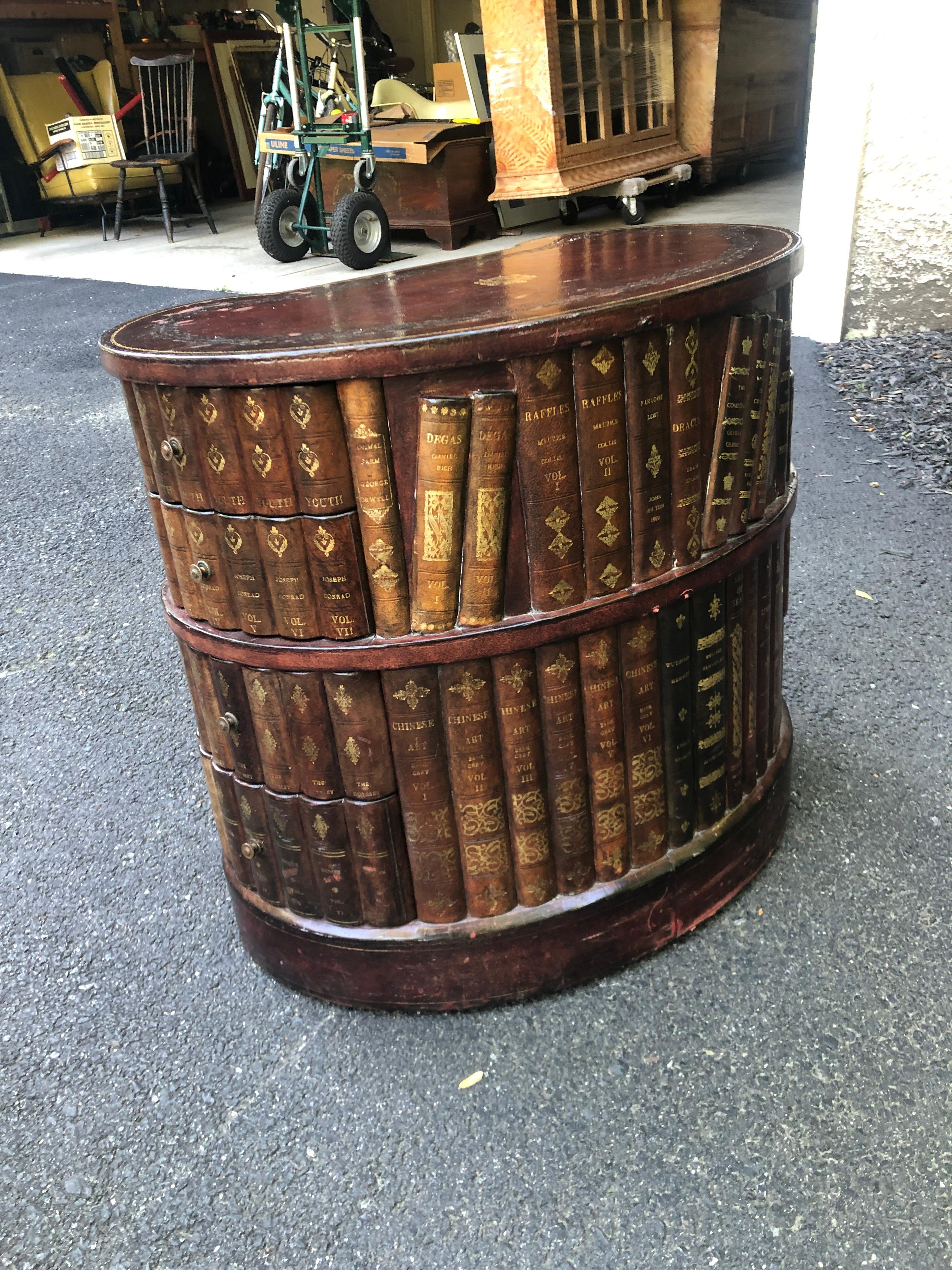 Regency Tooled Leather Faux Book Kidney Shaded Side Table by Maitland Smith Drawers For Sale