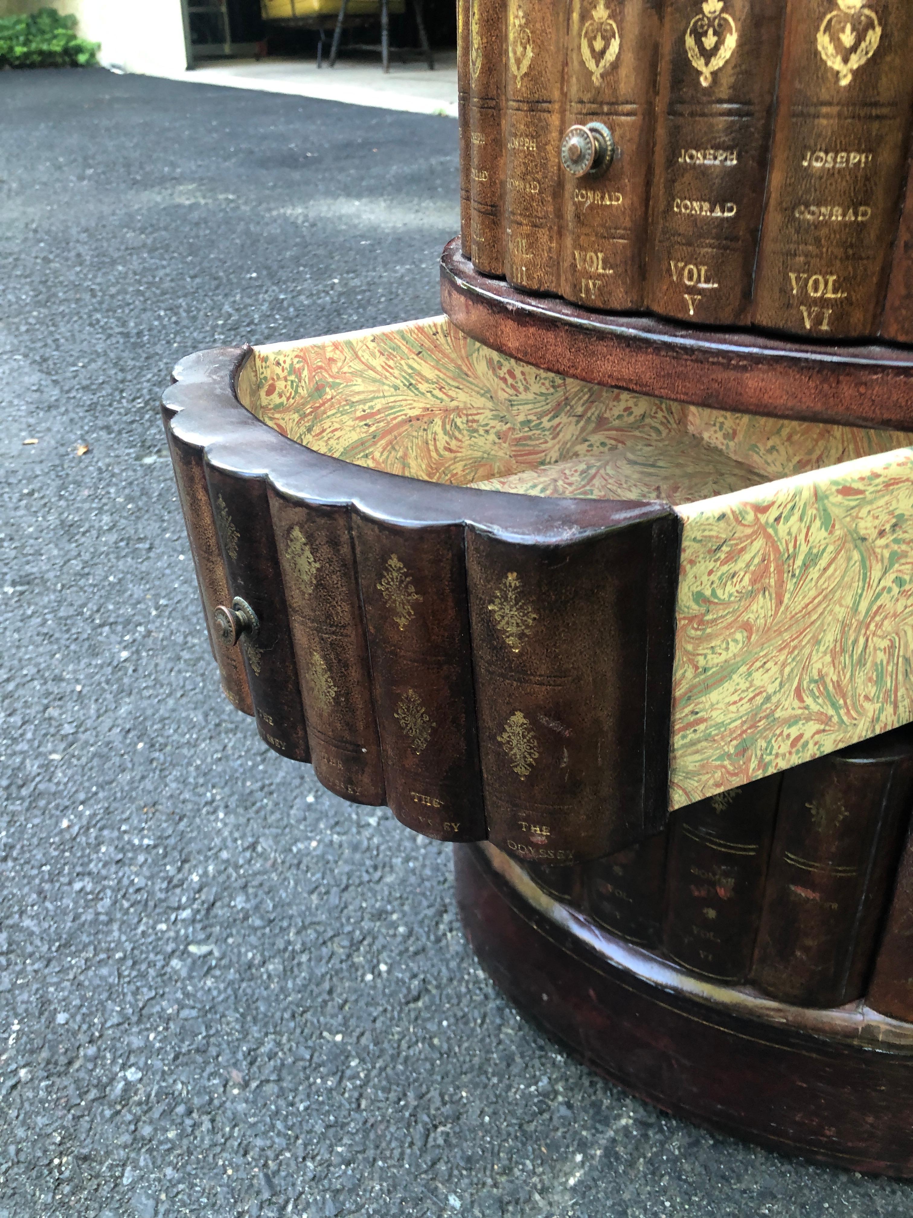 Tooled Leather Faux Book Kidney Shaded Side Table by Maitland Smith Drawers In Fair Condition For Sale In Allentown, PA