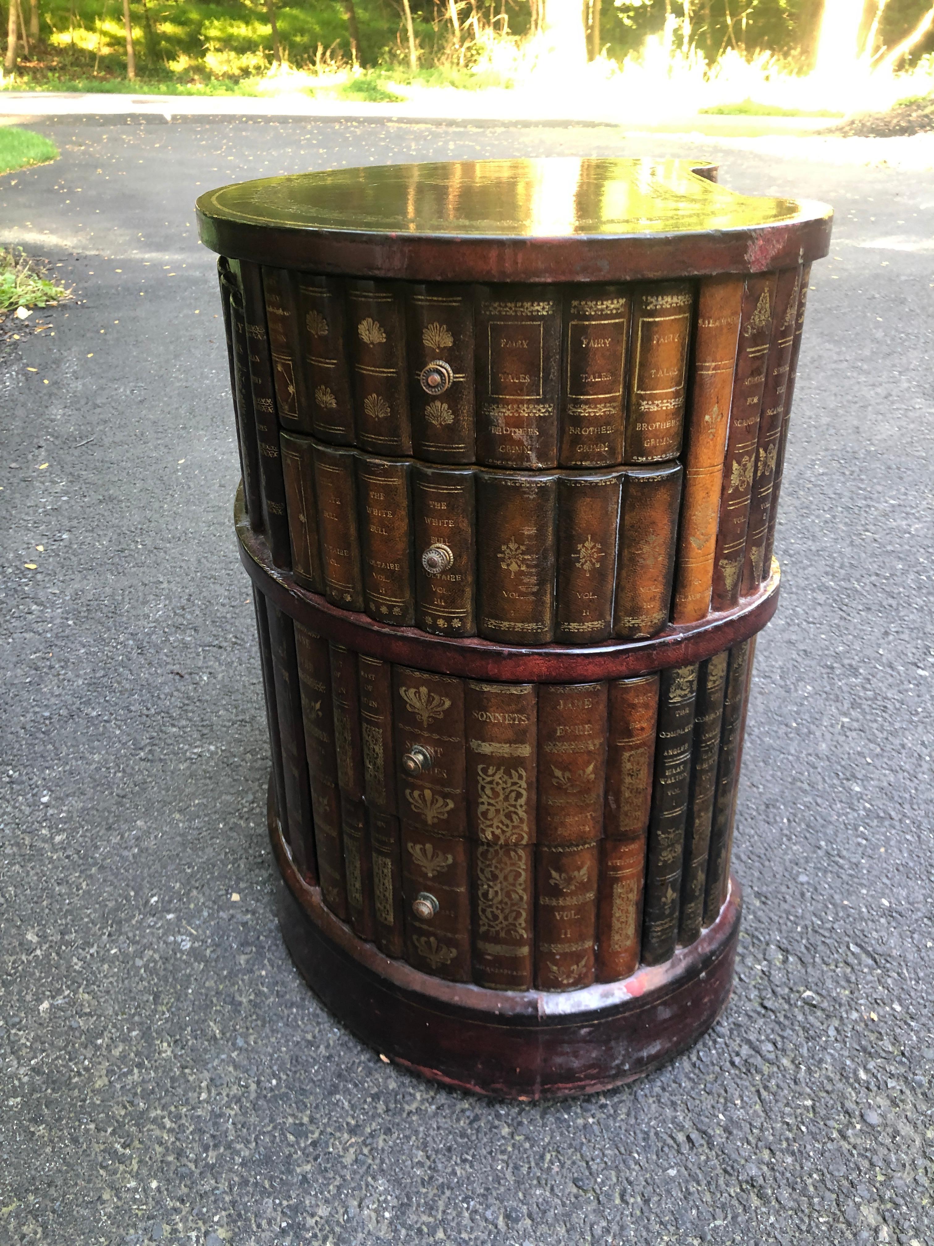 20th Century Tooled Leather Faux Book Kidney Shaded Side Table by Maitland Smith Drawers For Sale