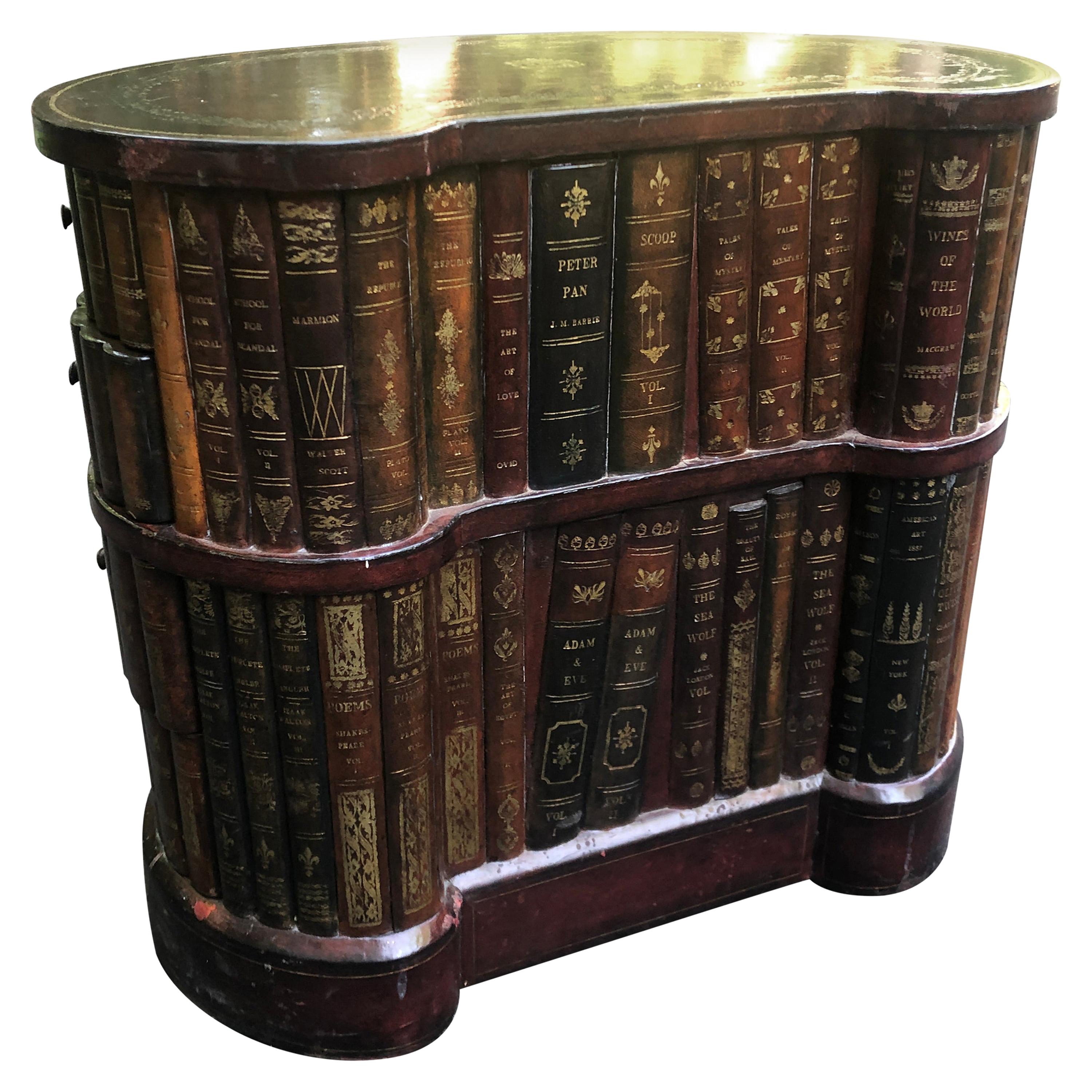 Tooled Leather Faux Book Kidney Shaded Side Table by Maitland Smith Drawers For Sale