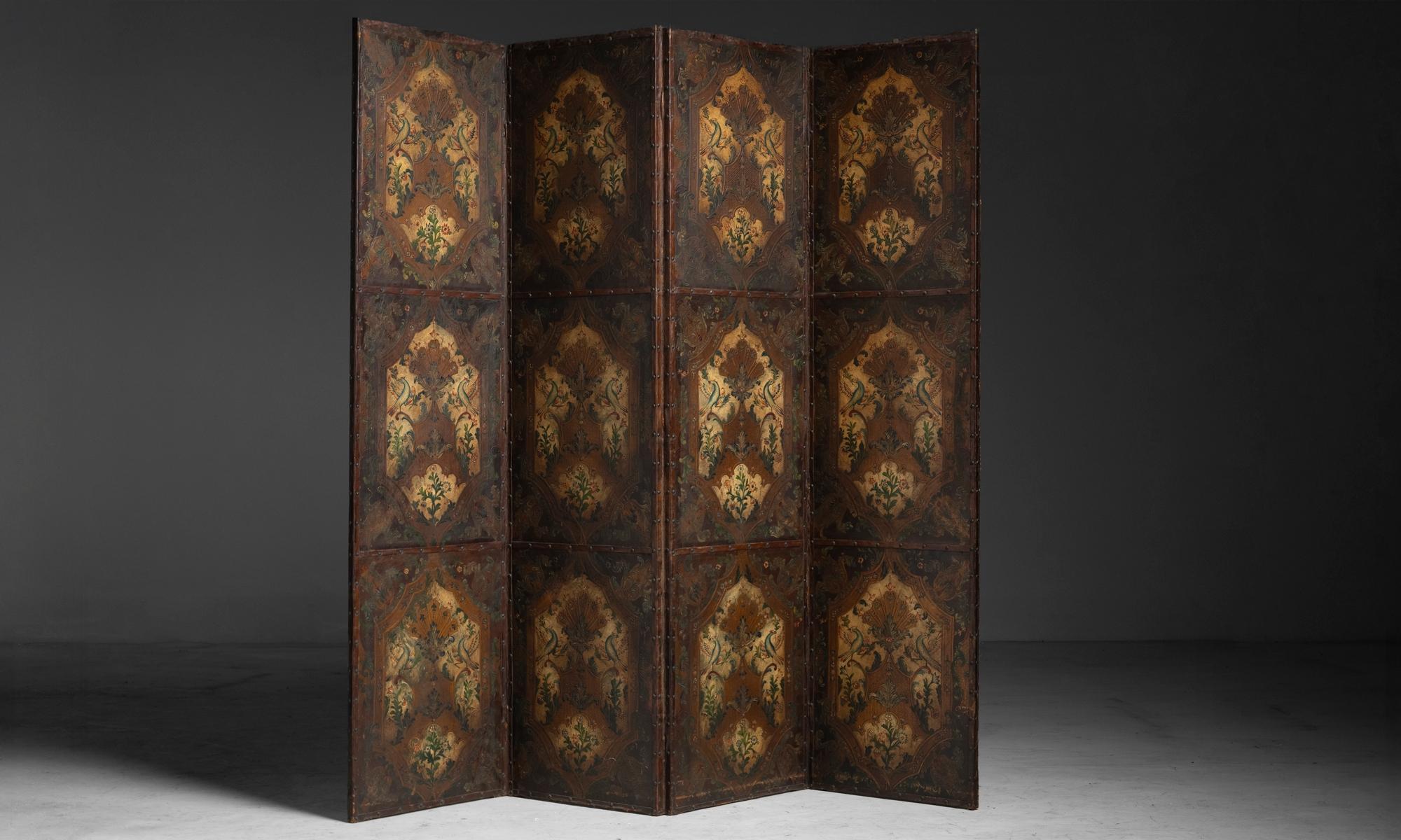 Tooled Leather Screen
Netherlands circa 1890
Double sided embossed, hand painted leather screen.
96
