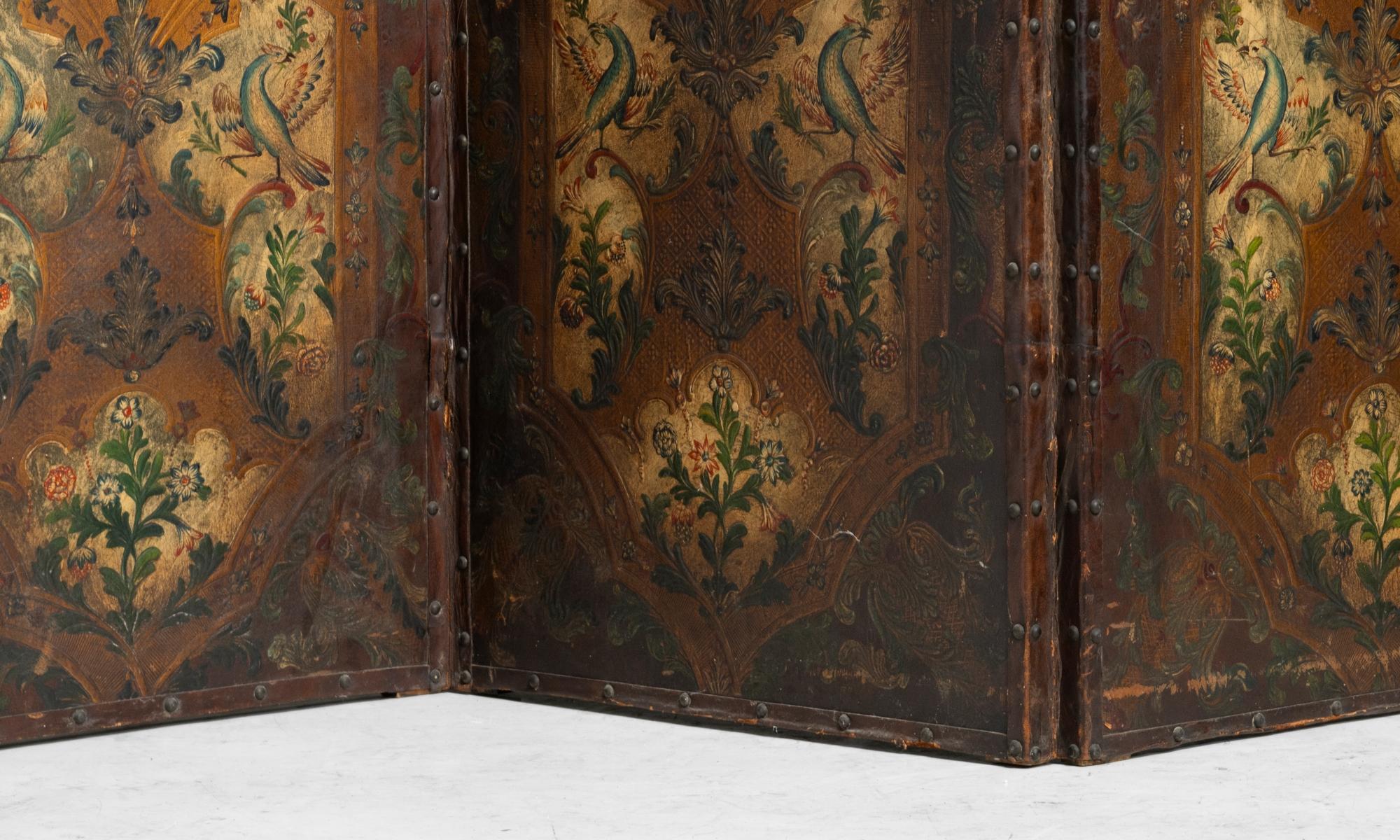 Hand-Painted Tooled Leather Screen, Netherlands circa 1890