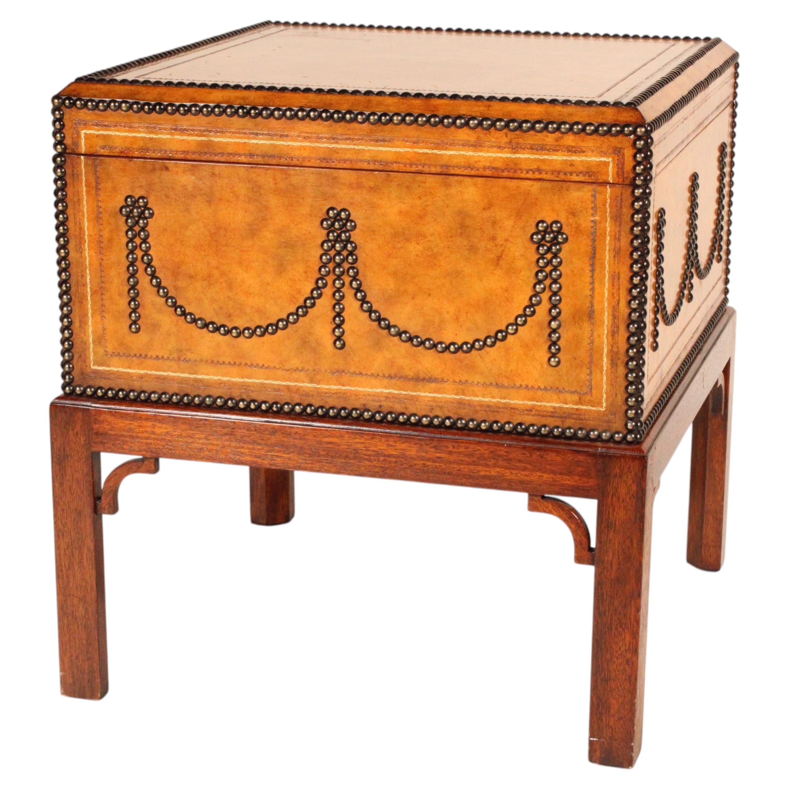 Tooled Leather Trunk on Stand Attributed to Maitland Smith