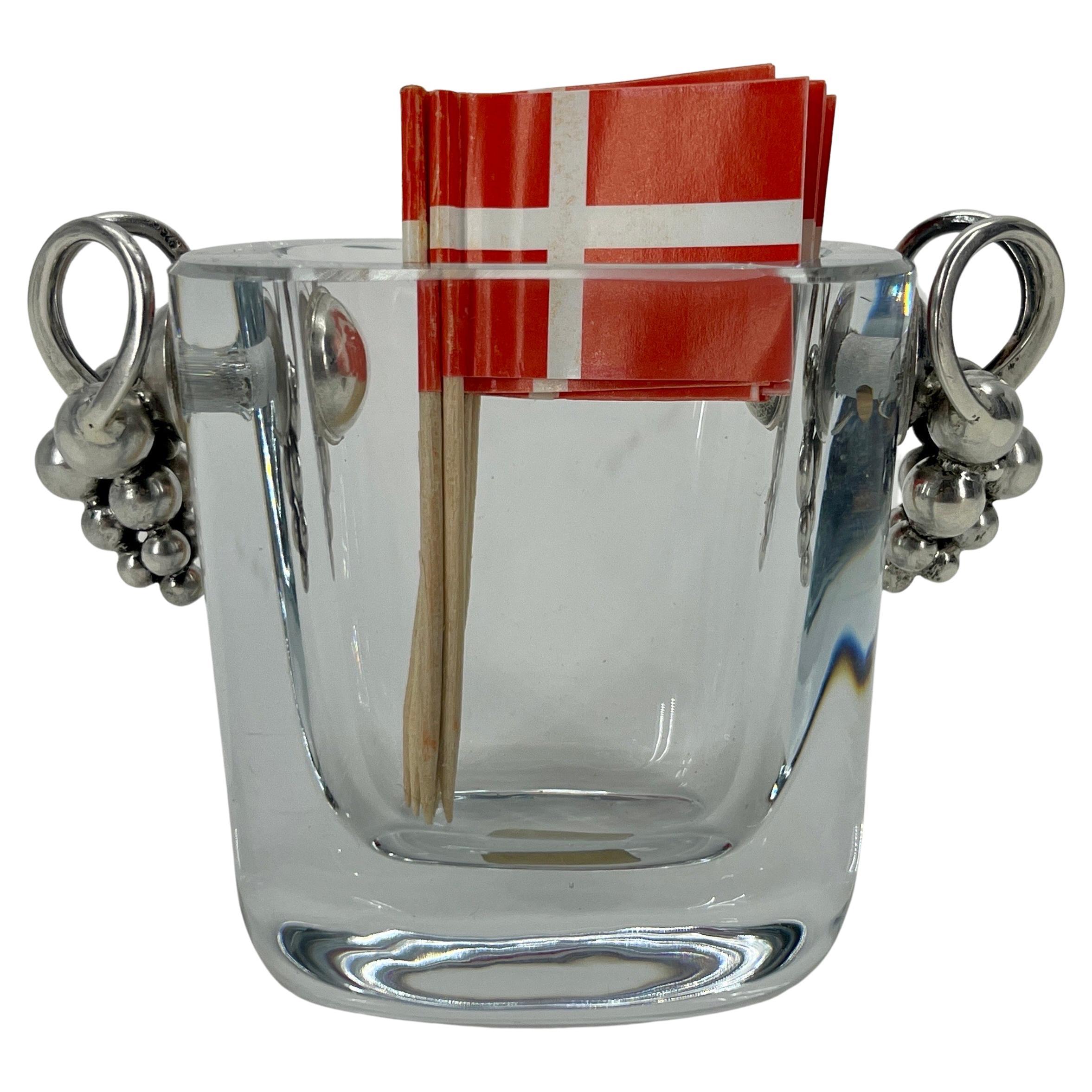 Sweden sterling silver glass jar for toothpick by Stromberg with two sterling silver grapes handles, 