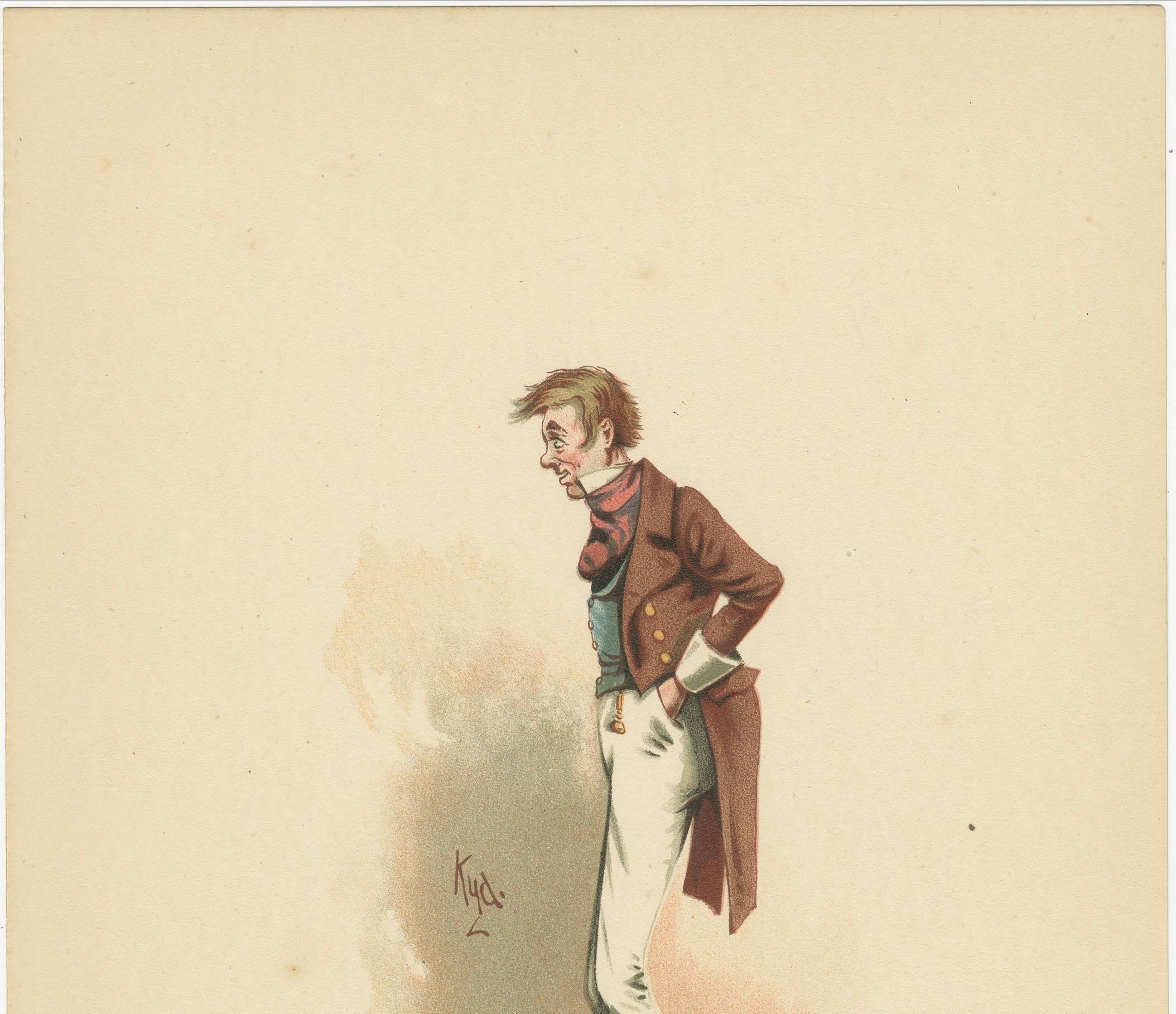 Toots aus Dombey & Son - Dickens Charakter Lithographie von Kyd, um 1889

Beschreibung:
Diese charmante Chromolithographie zeigt die liebenswürdige und exzentrische Figur Toots aus *Dombey and Son* (1846-48) von Charles Dickens. Dieses Bild stammt