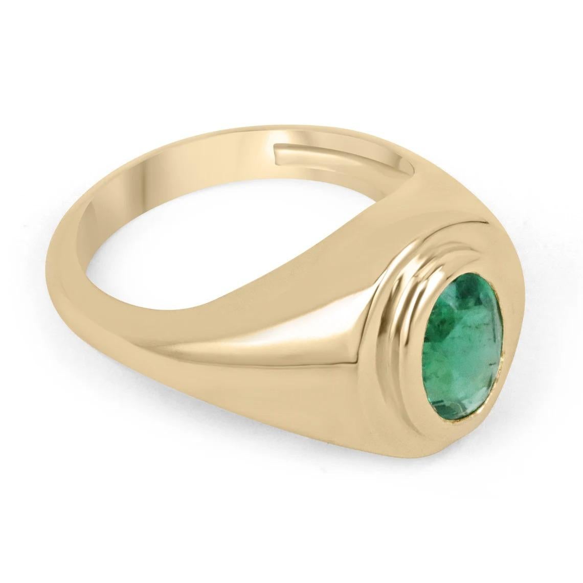 A luxurious solitaire emerald ring. The center stone features a magnificent 1.55-carat, natural oval cut emerald ethically sourced from the mines of Zambia. This gemstone showcases a desirable rich, vivid, dark green color with a divine