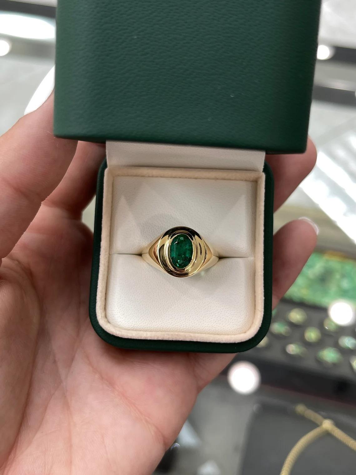 Top AAA 1.55ct 18K Natural Emerald-Oval Cut Solitaire Solid Gold Men's Ring For Sale 1