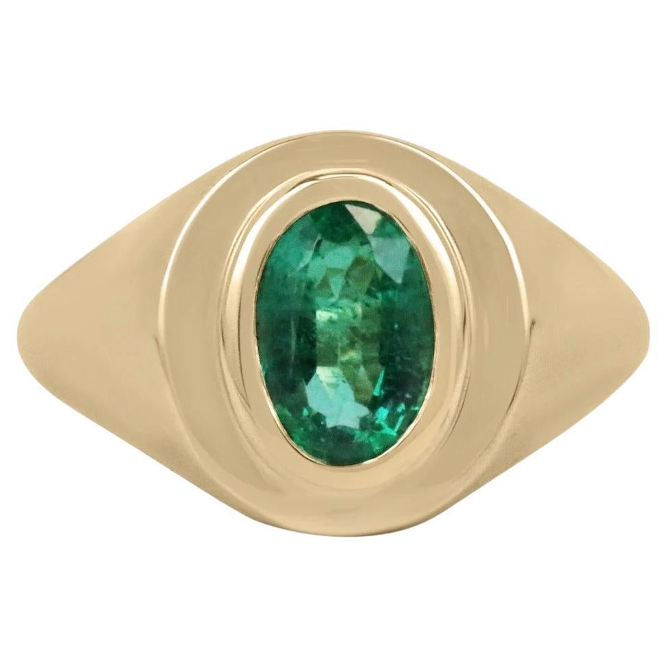 Top AAA 1.55ct 18K Natural Emerald-Oval Cut Solitaire Solid Gold Men's Ring