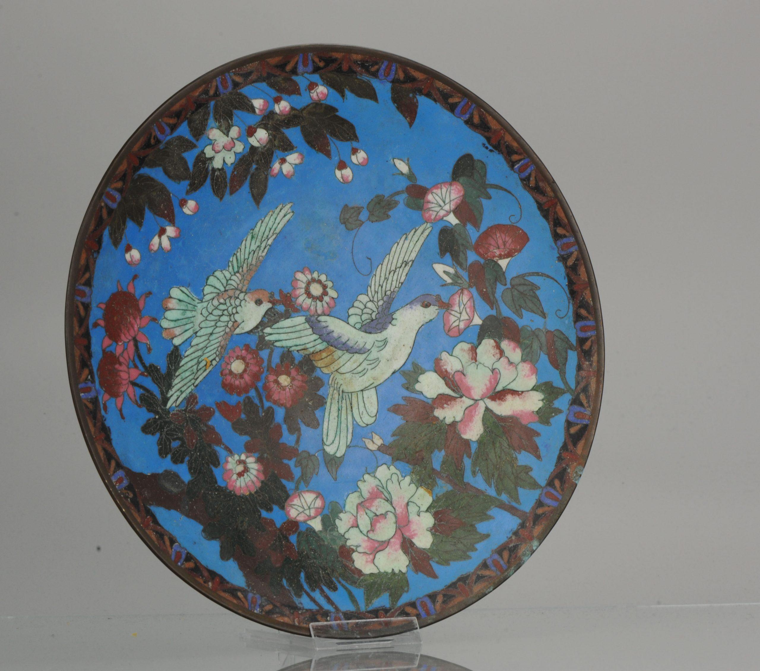 Top and Large Antique Bronze/Copper Cloisonné Dish Plate Japan 19th Century Bird For Sale 7
