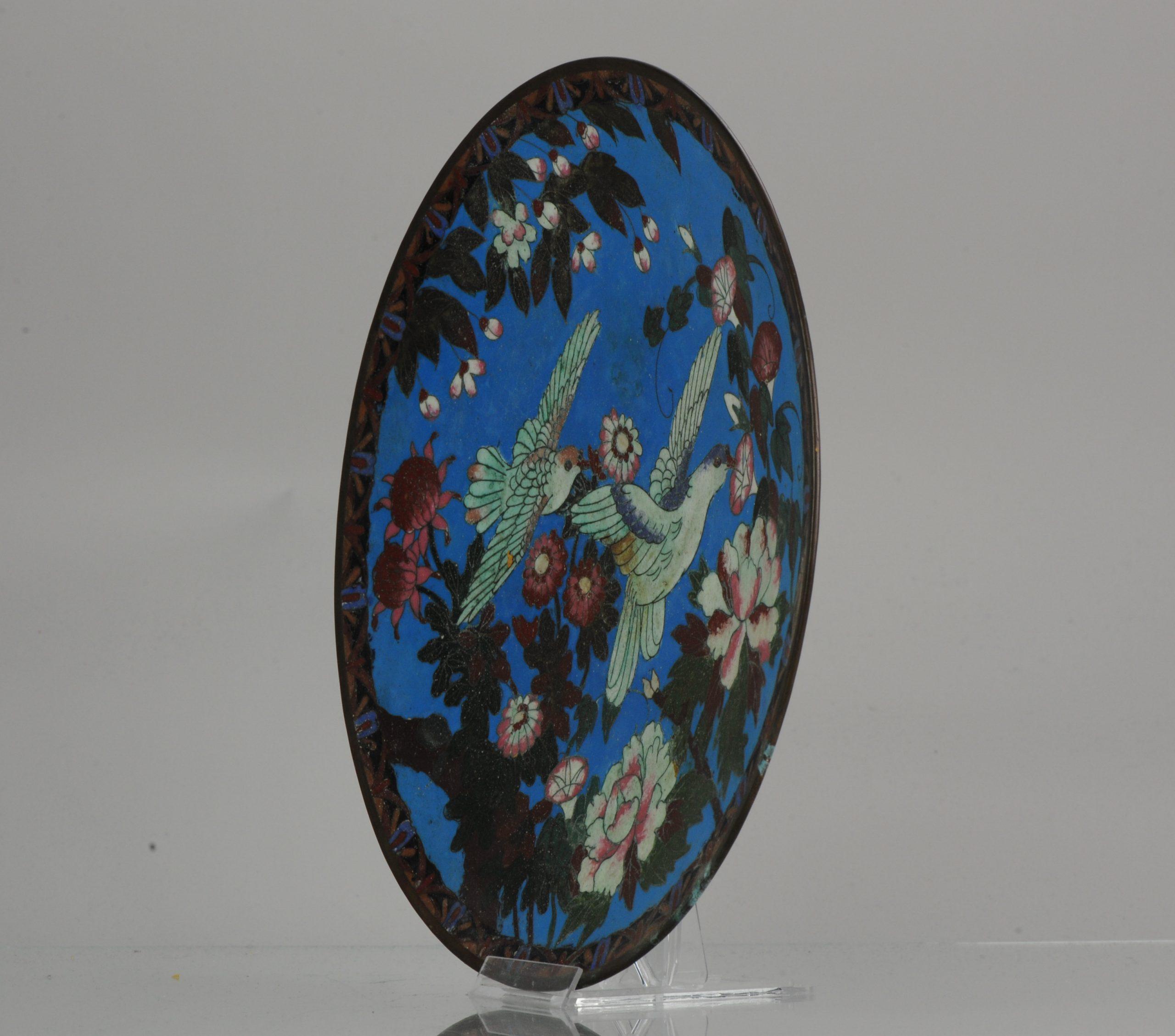 Meiji Top and Large Antique Bronze/Copper Cloisonné Dish Plate Japan 19th Century Bird For Sale
