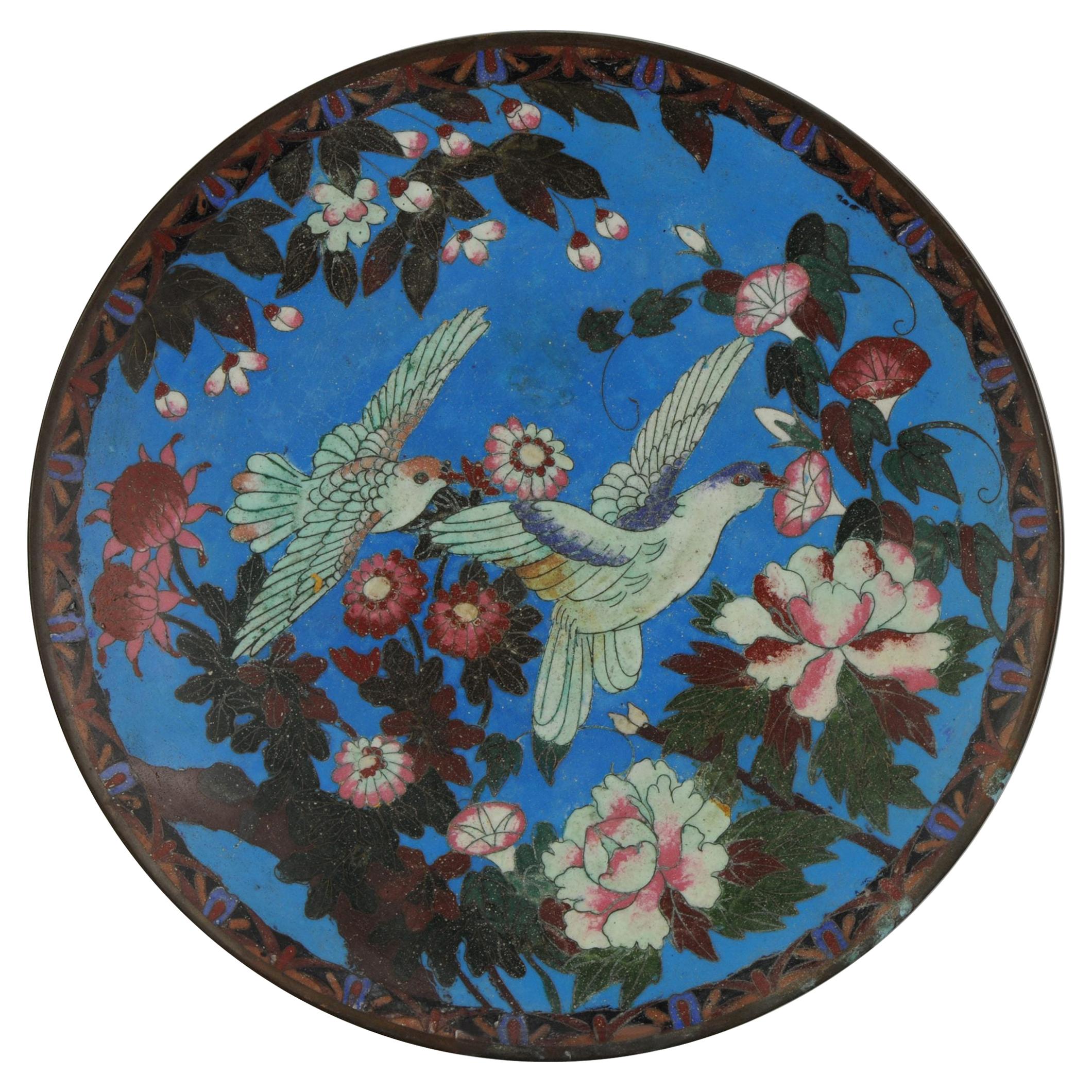 Top and Large Antique Bronze/Copper Cloisonné Dish Plate Japan 19th Century Bird For Sale