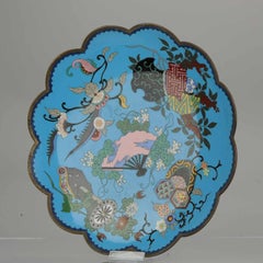 Top and Large Antique Bronze/Copper Cloisonné Dish Plate Japan 19th Century Fan