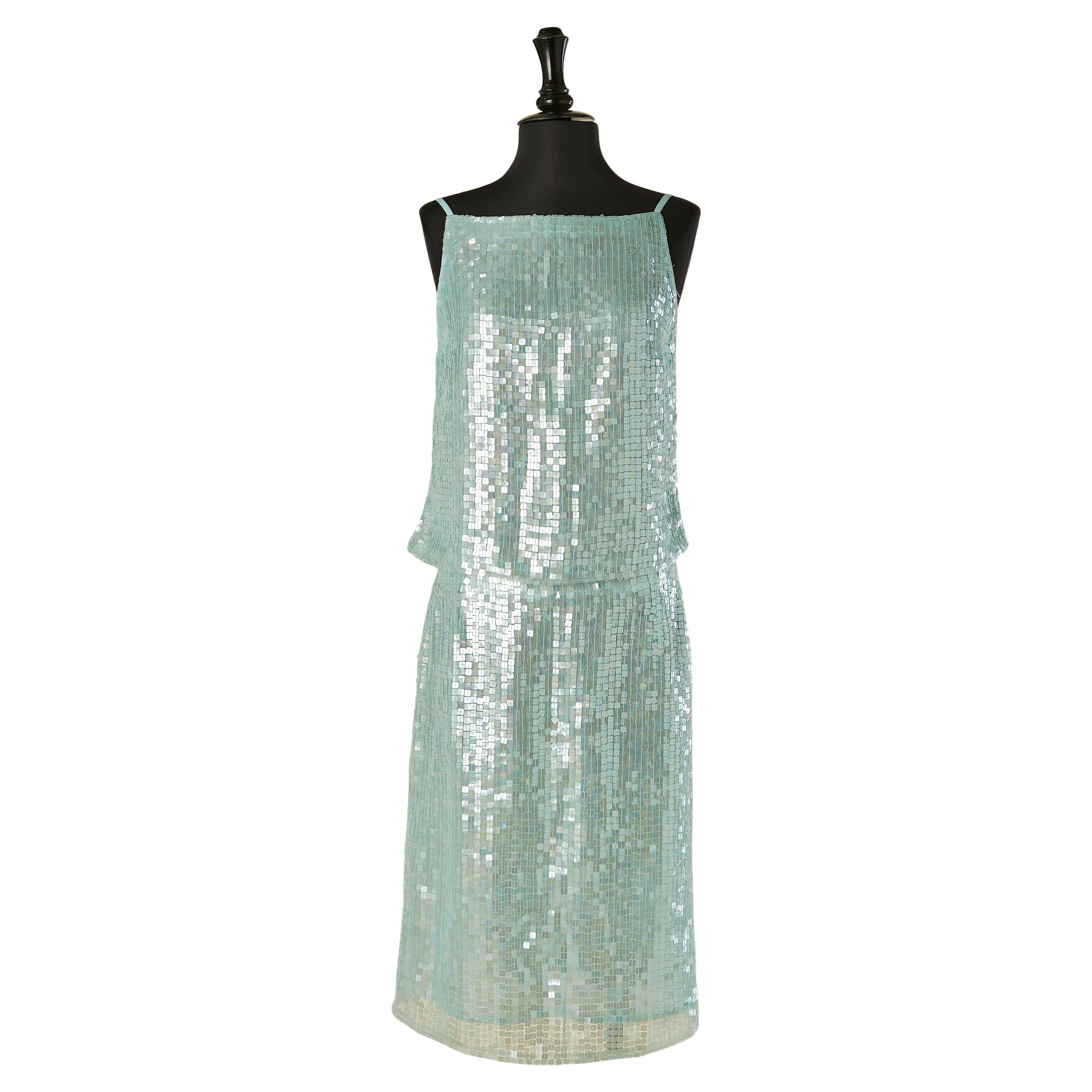 Top e gonna in paillettes blu chiaro, anni '60 circa.