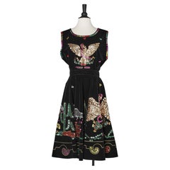 Top e gonna in velluto nero dipinto a mano e paillettes multicolore Circa 1970