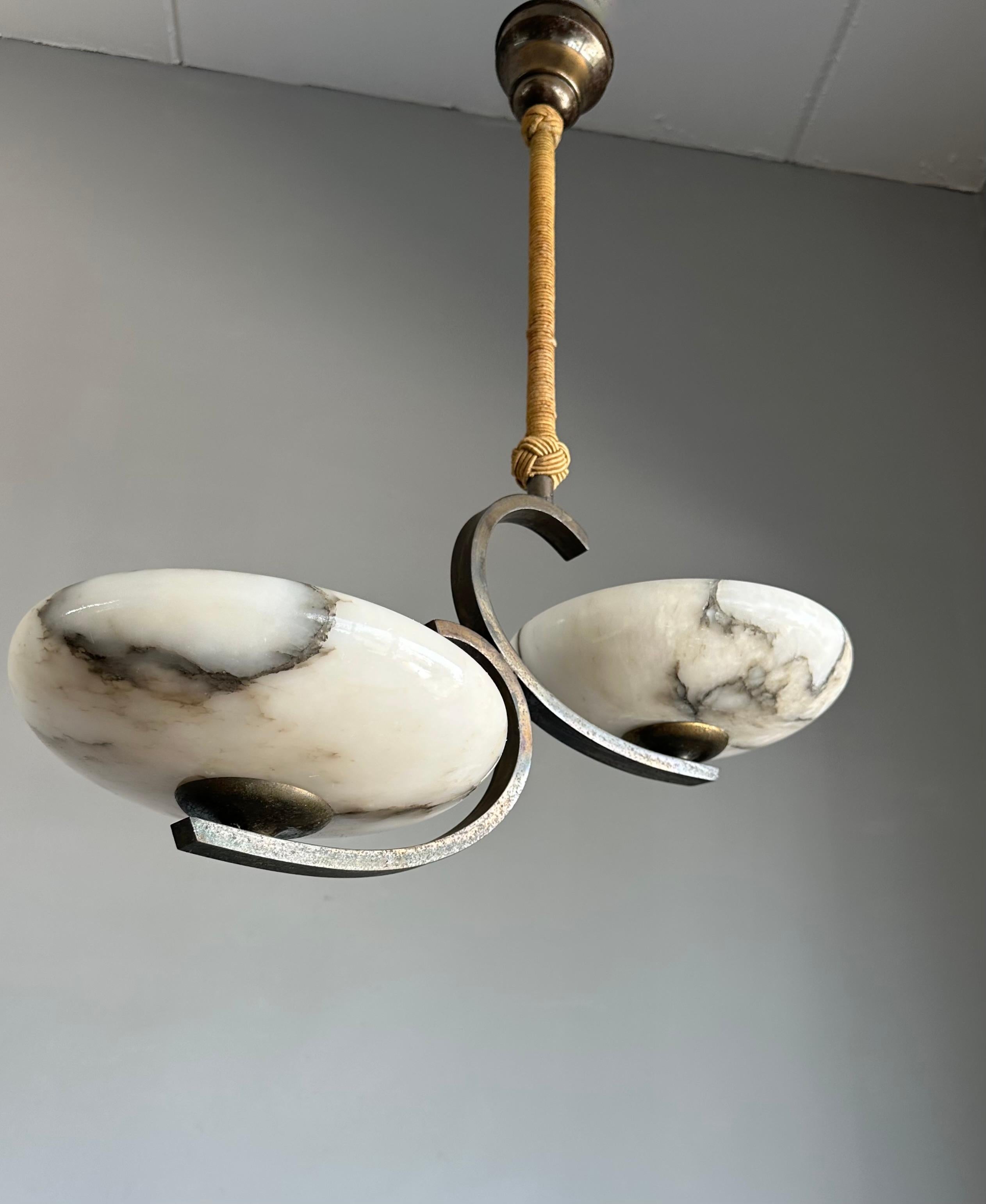Top Art Deco Design Brass and Two Light Alabaster shades Pendant Light / Fixture For Sale 4