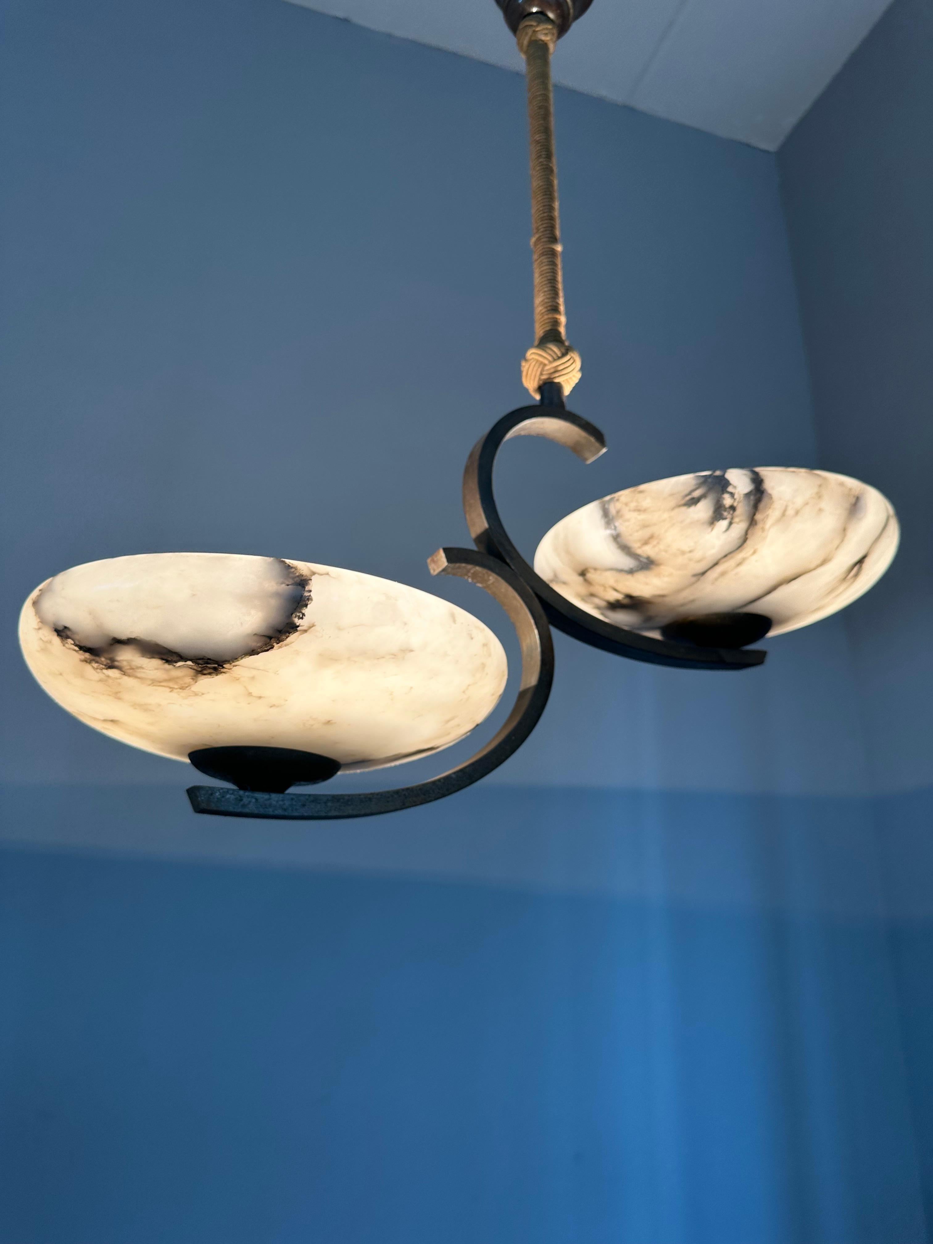 Top Art Deco Design Brass and Two Light Alabaster shades Pendant Light / Fixture For Sale 5