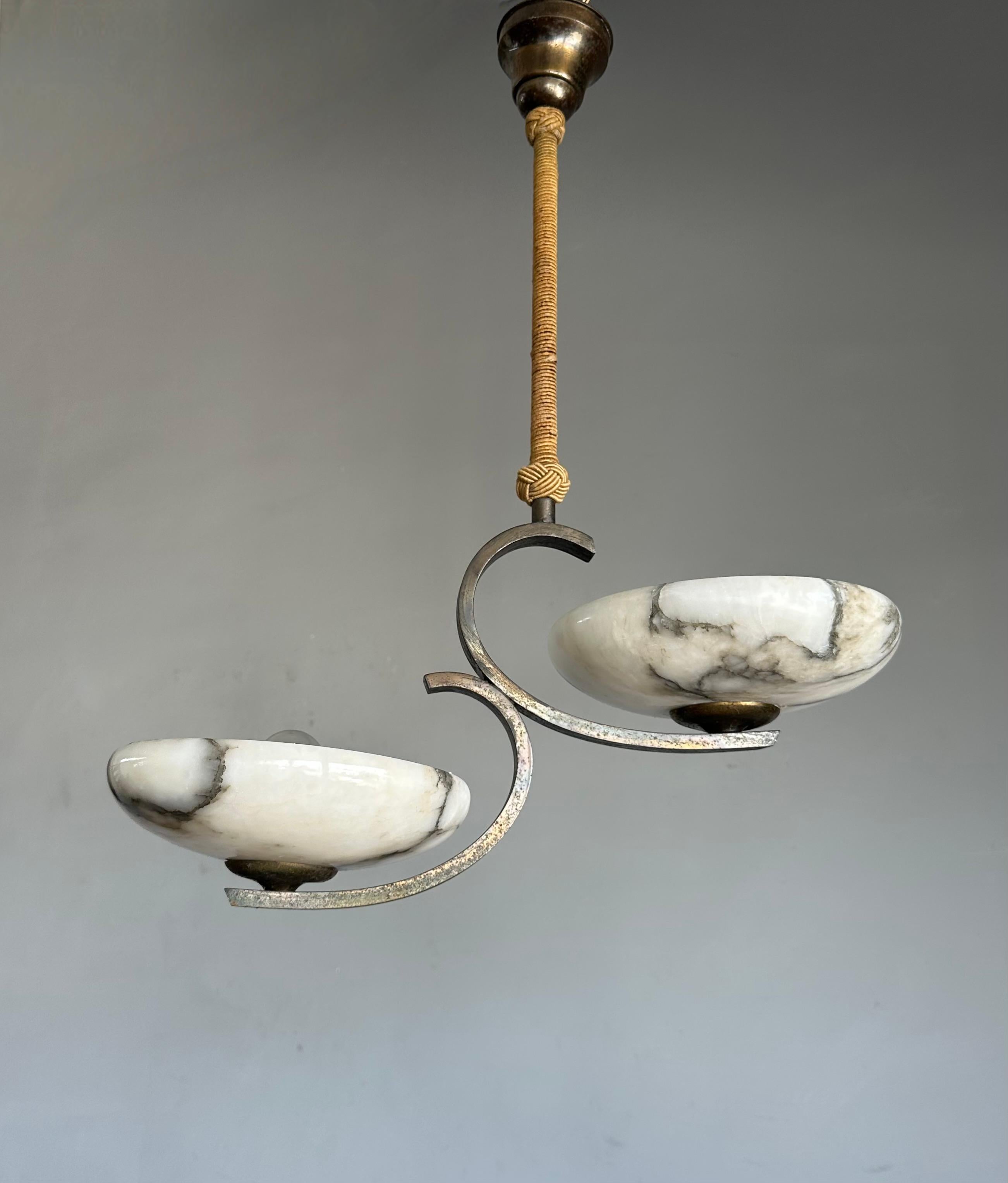 Top Art Deco Design Brass and Two Light Alabaster shades Pendant Light / Fixture For Sale 6