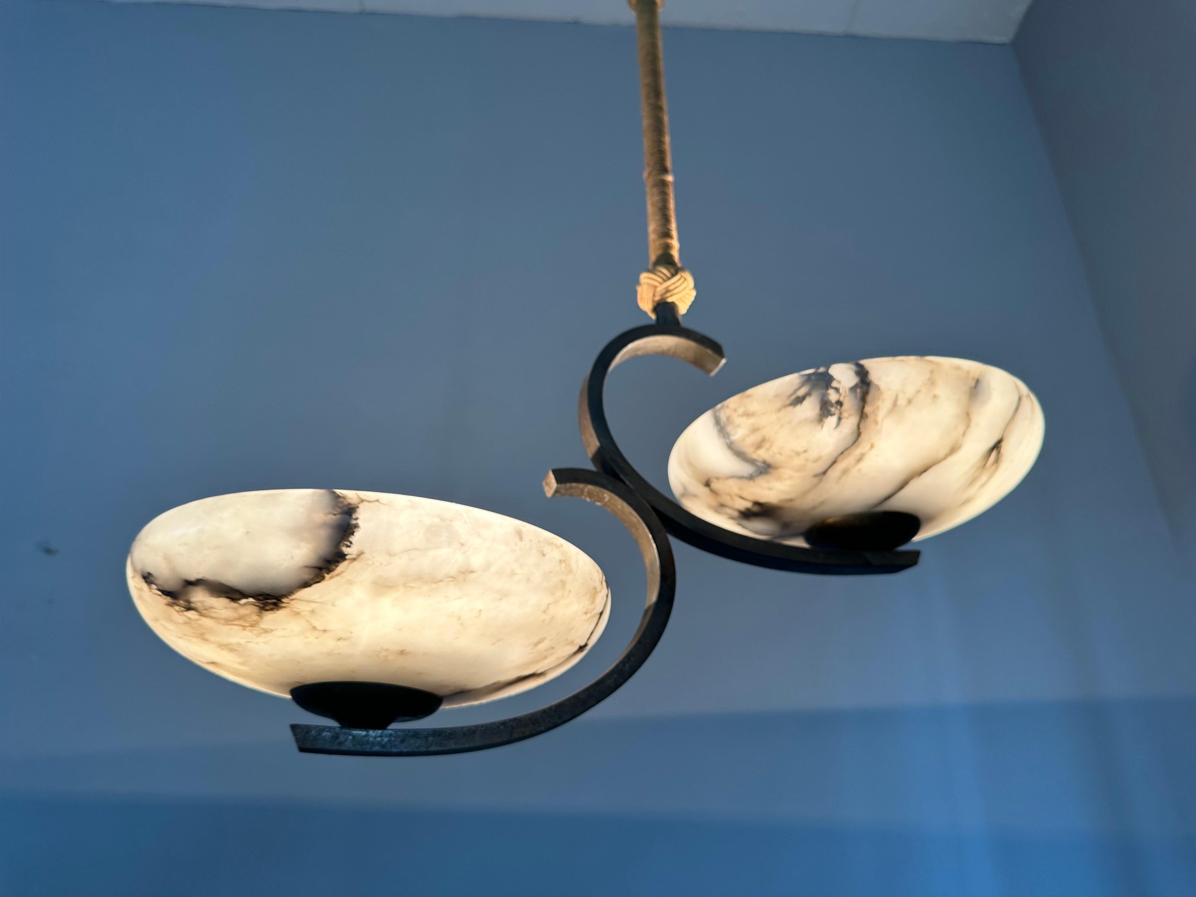 Top Art Deco Design Brass and Two Light Alabaster shades Pendant Light / Fixture For Sale 7