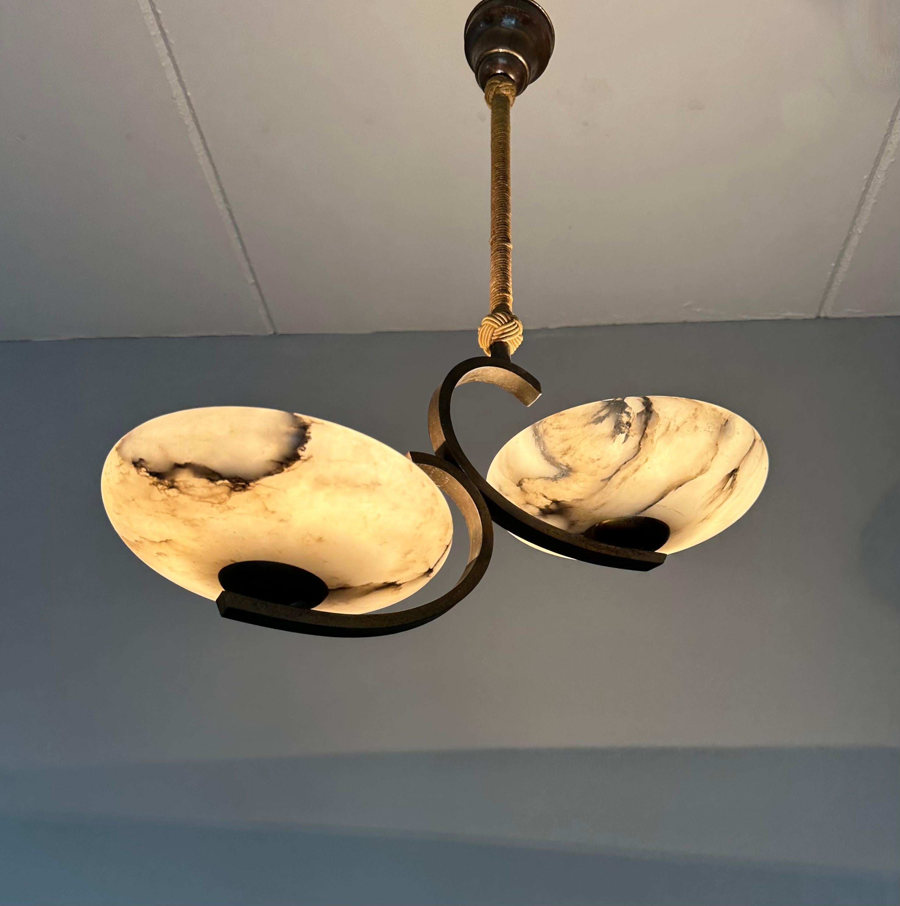 Top Art Deco Design Brass and Two Light Alabaster shades Pendant Light / Fixture For Sale 12