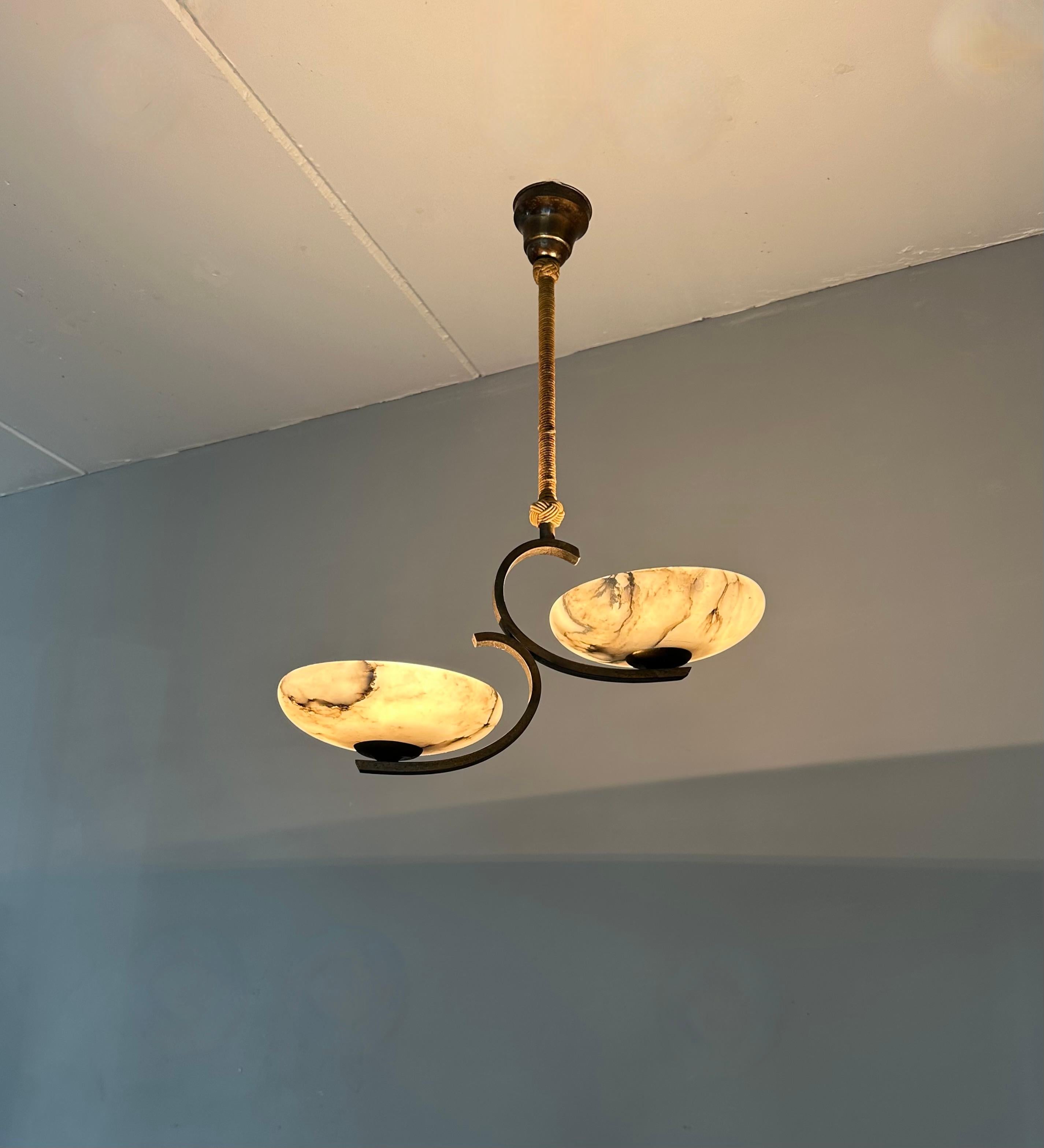 Top Art Deco Design Brass and Two Light Alabaster shades Pendant Light / Fixture For Sale 13