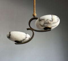 Top Art Deco Design Brass and Two Light Alabaster shades Pendant Light / Fixture