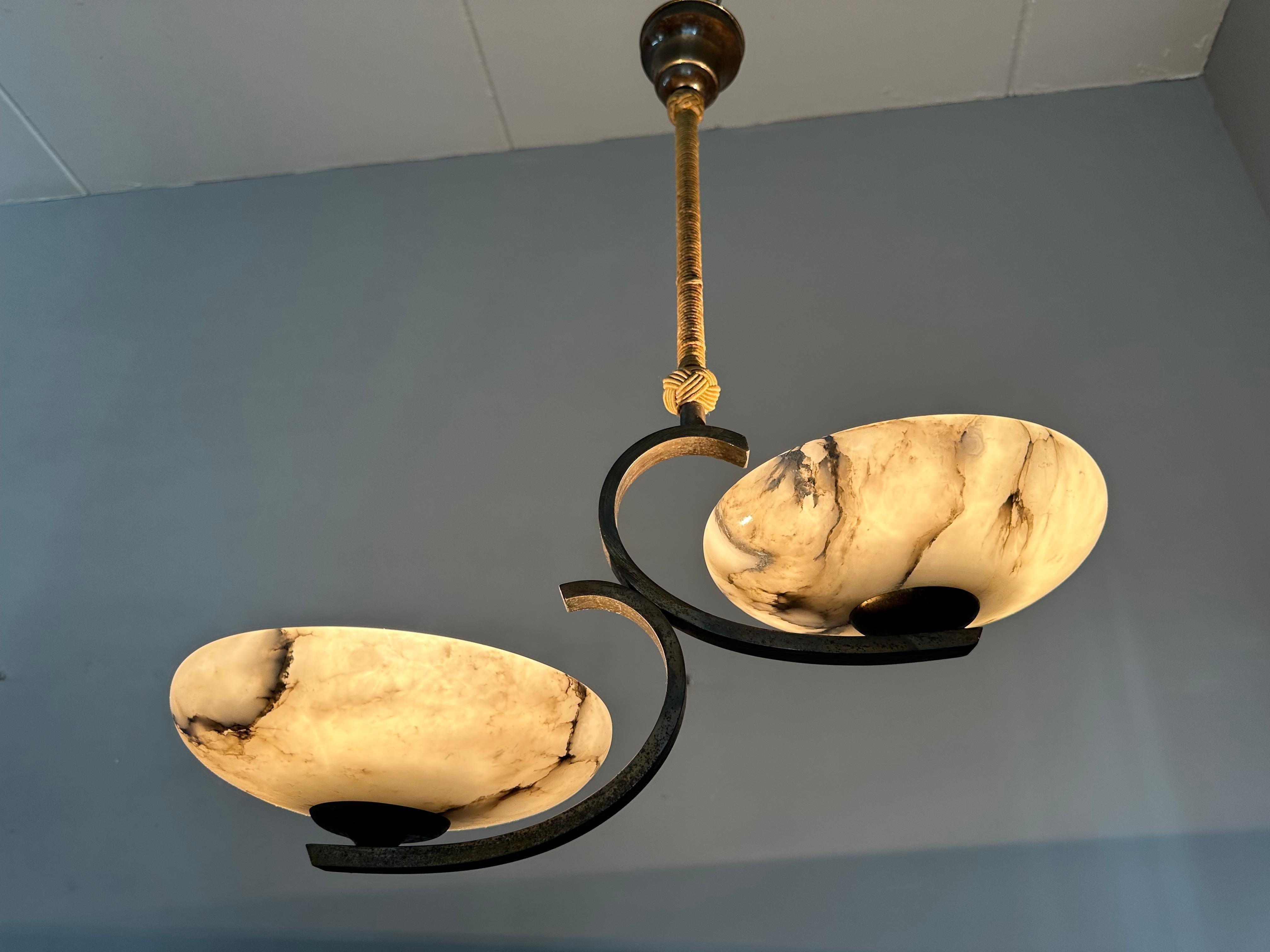 European Top Art Deco Design Brass and Two Light Alabaster shades Pendant Light / Fixture For Sale