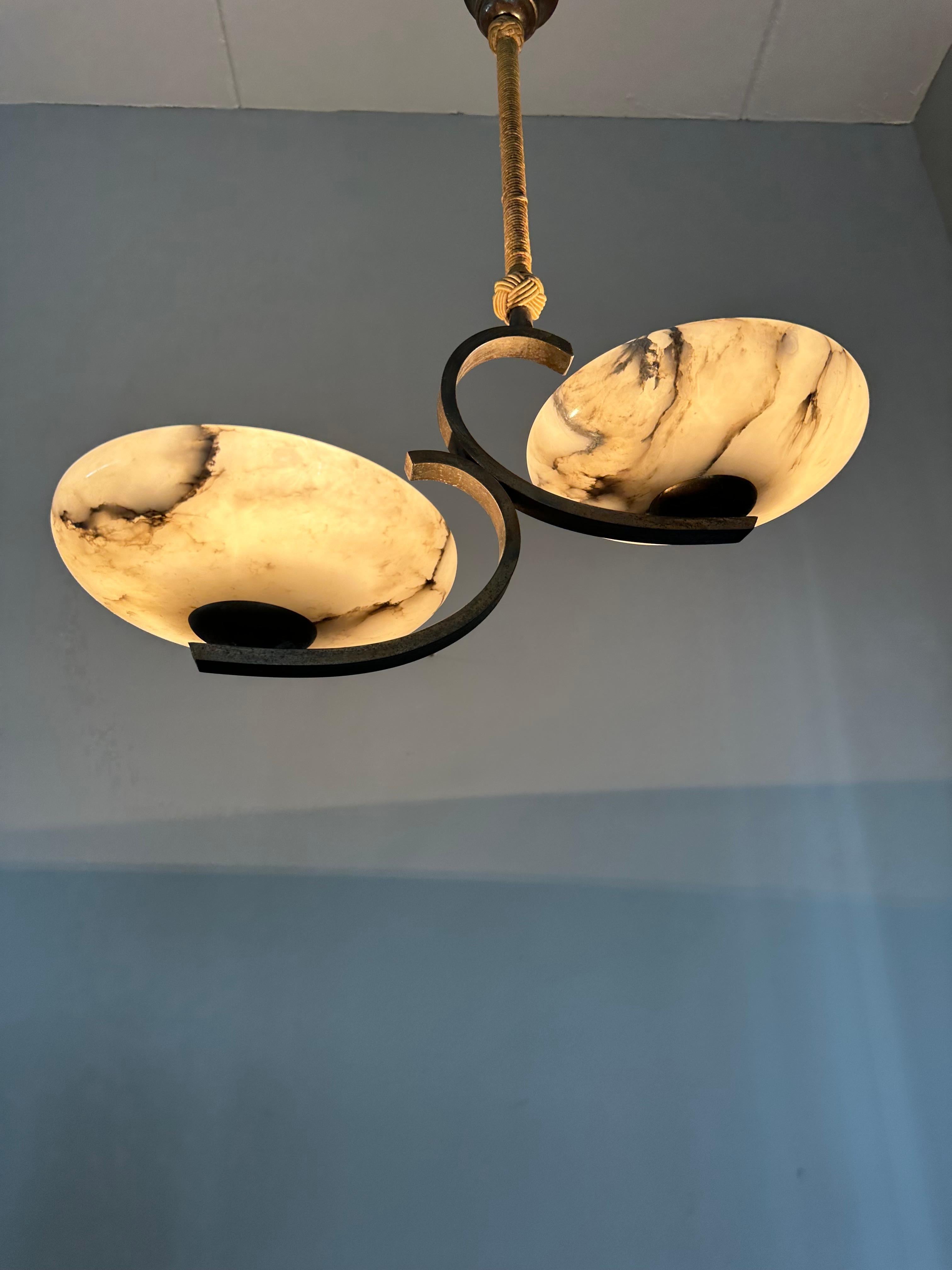 Hand-Carved Top Art Deco Design Brass and Two Light Alabaster shades Pendant Light / Fixture For Sale