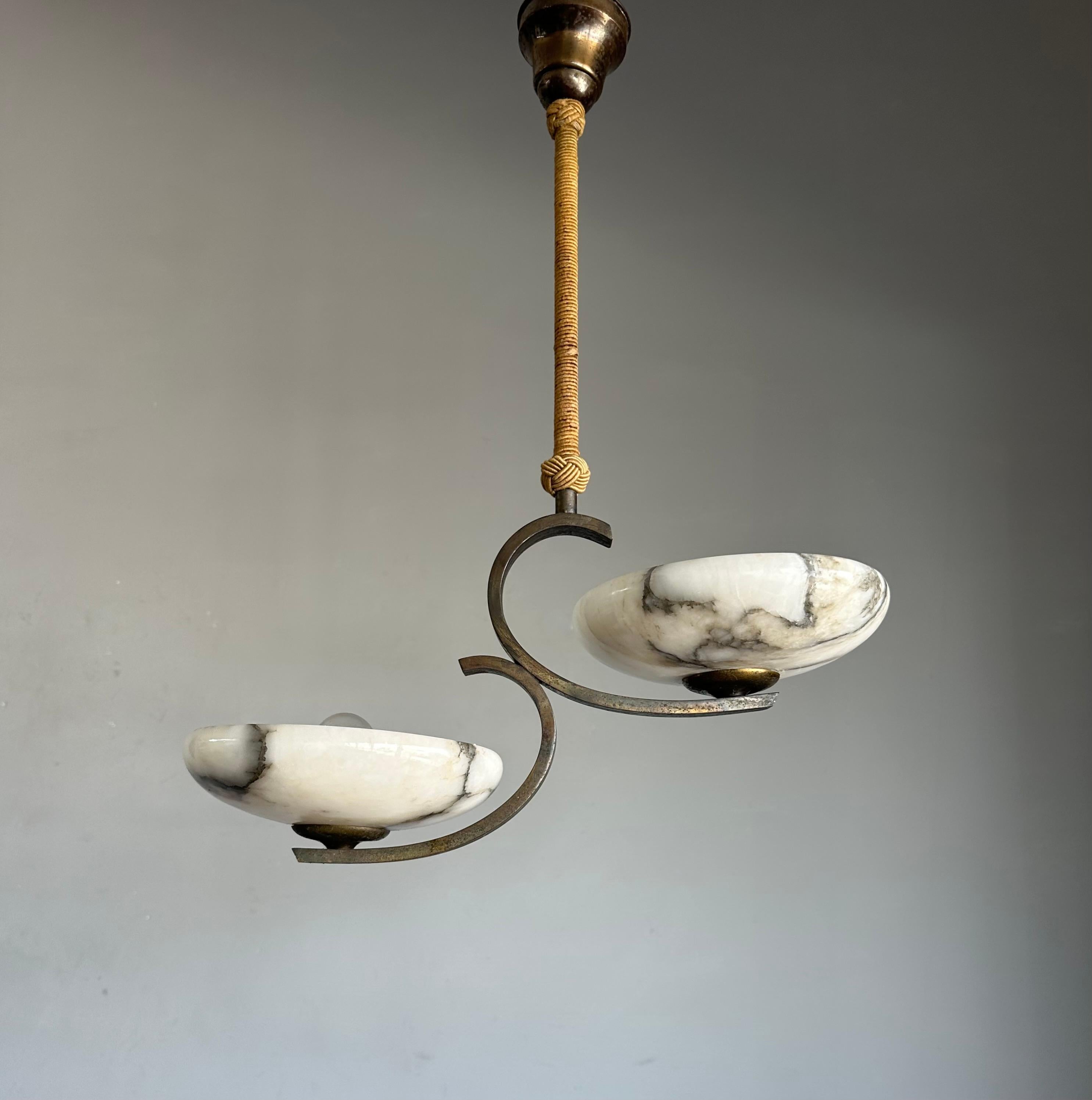Top Art Deco Design Brass and Two Light Alabaster shades Pendant Light / Fixture In Good Condition For Sale In Lisse, NL