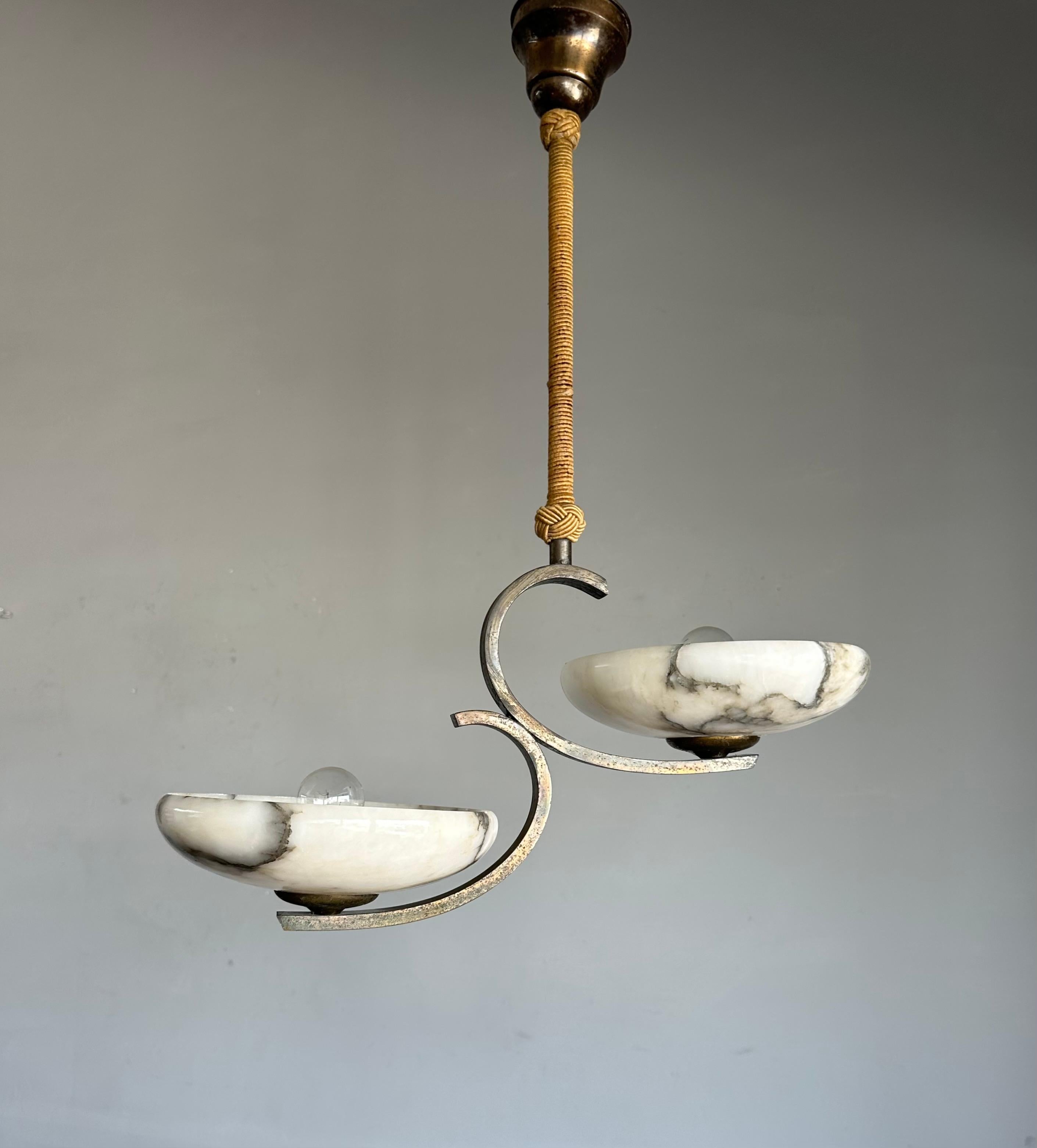 Top Art Deco Design Brass and Two Light Alabaster shades Pendant Light / Fixture For Sale 1