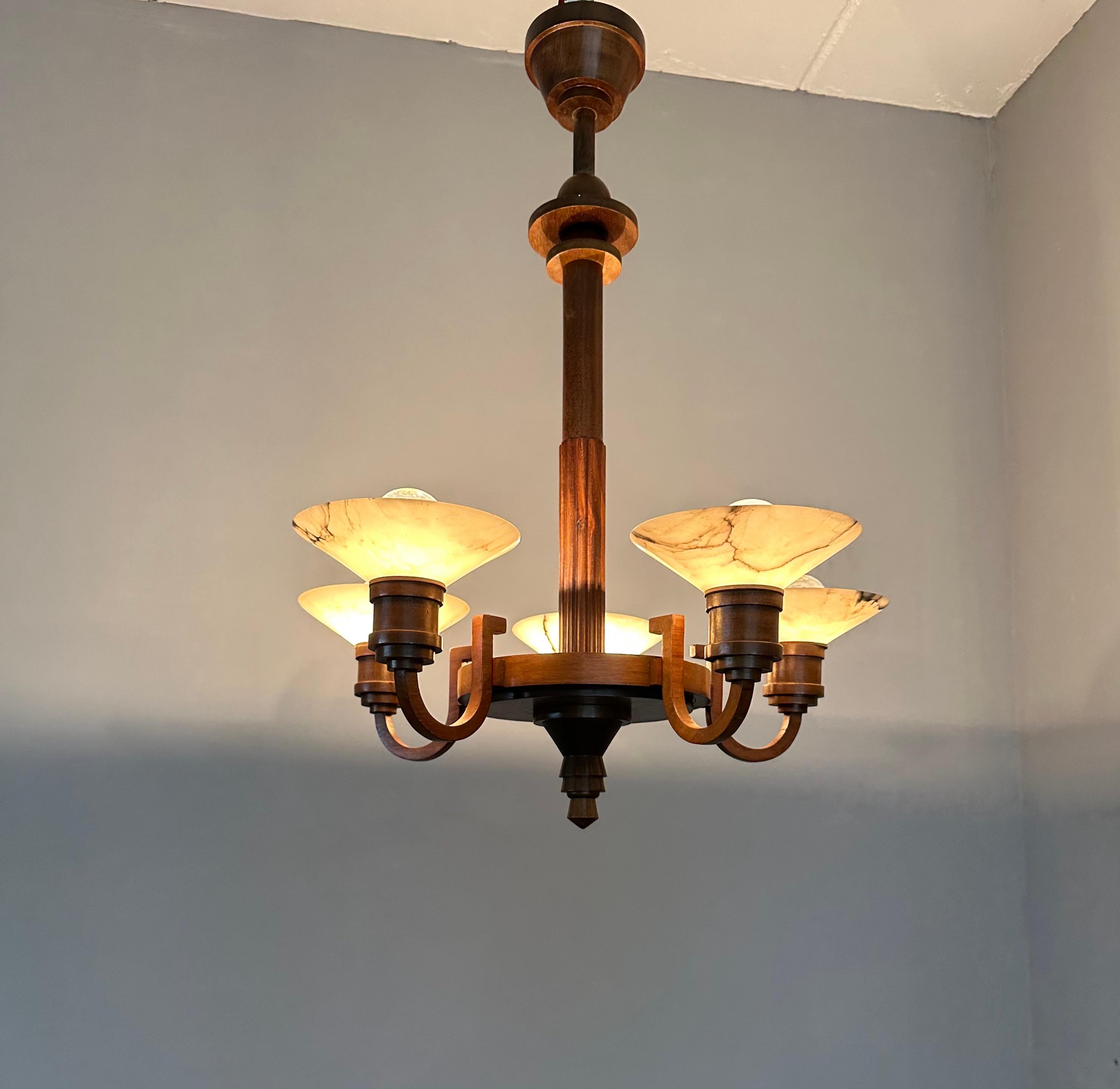 20th Century Top Art Deco Design Nutwood and Five Alabaster shades Pendant Light / Fixture