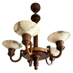Top Art Deco Design Nutwood and Five Alabaster shades Pendant Light / Fixture